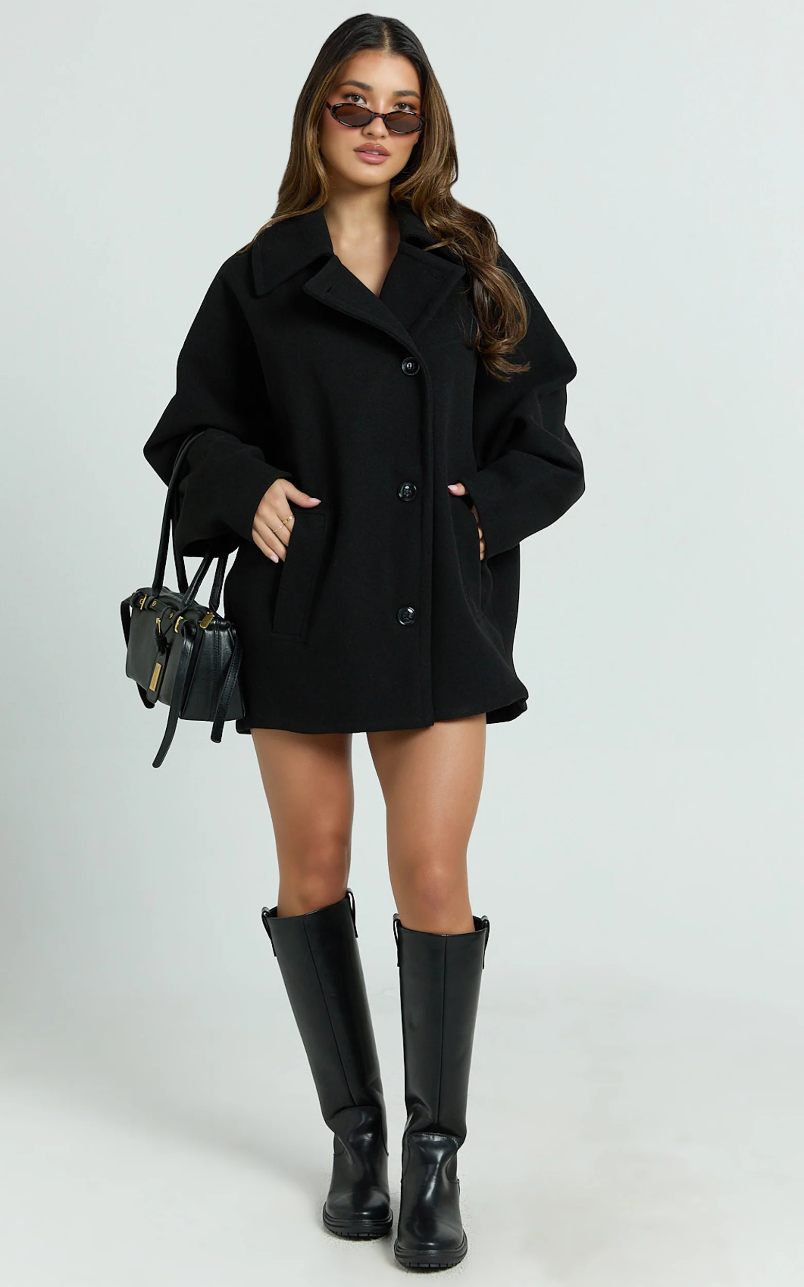 Claudia Coat - Oversized Three-Button Front Closure Coat in Black - Image 3