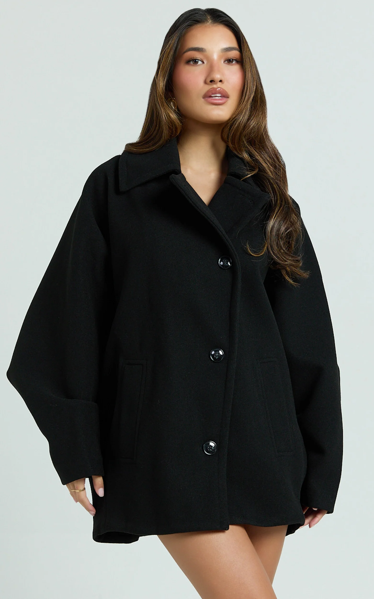 Claudia Coat - Oversized Three-Button Front Closure Coat in Black - Image 4