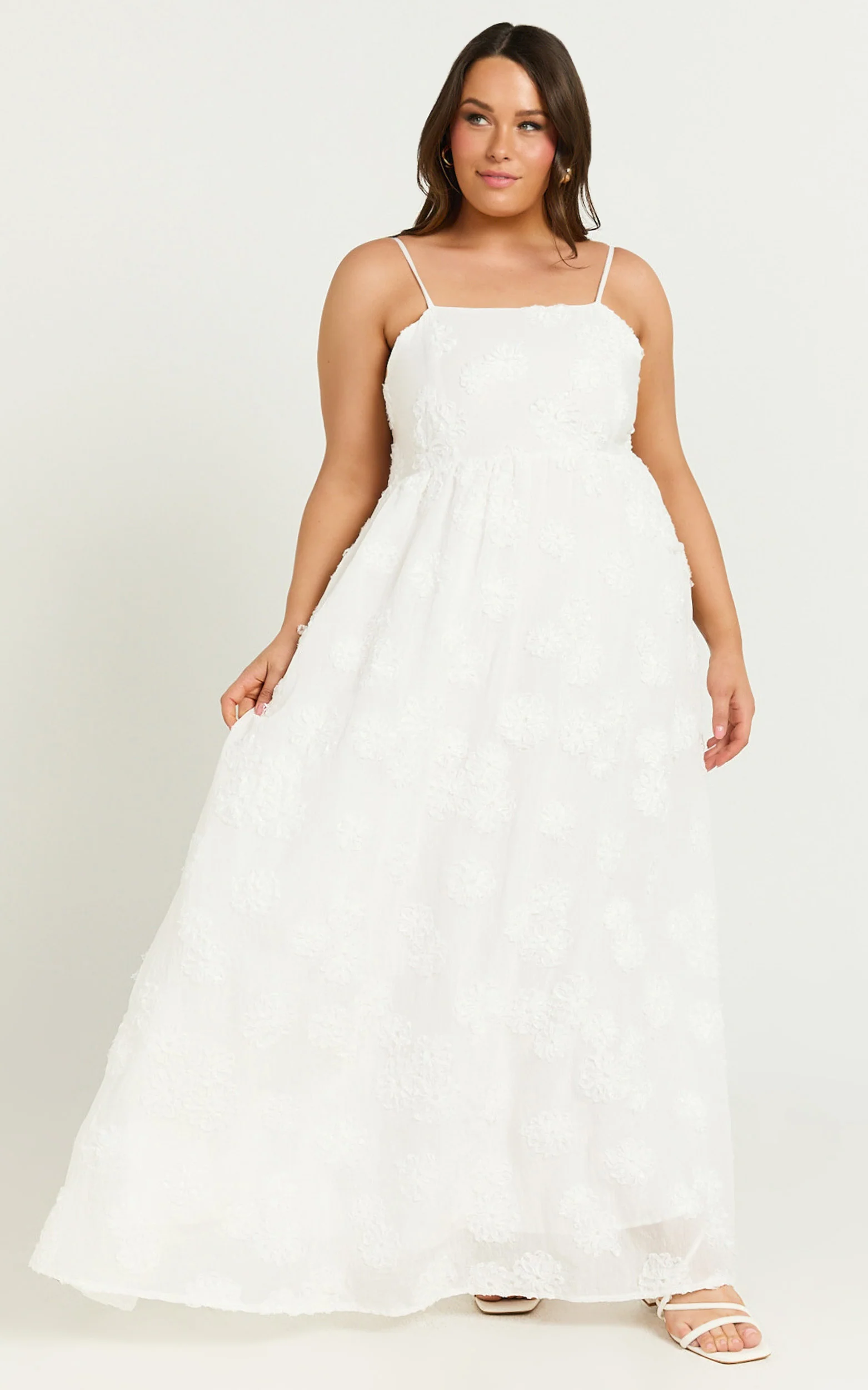 Claya Midi Dress - Sleeveless Straight Neckline Floral Detail Dress in White Embroidery - Image 2