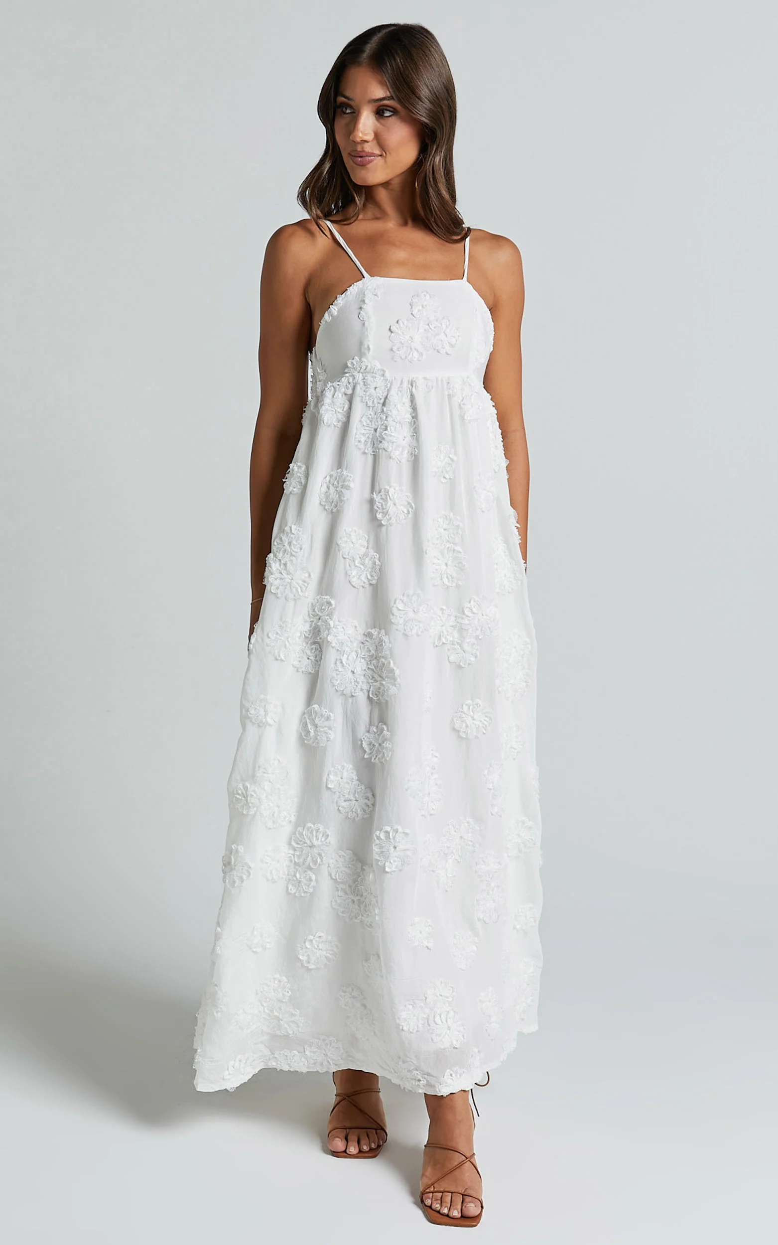 Claya Midi Dress - Sleeveless Straight Neckline Floral Detail Dress in White Embroidery - Image 5