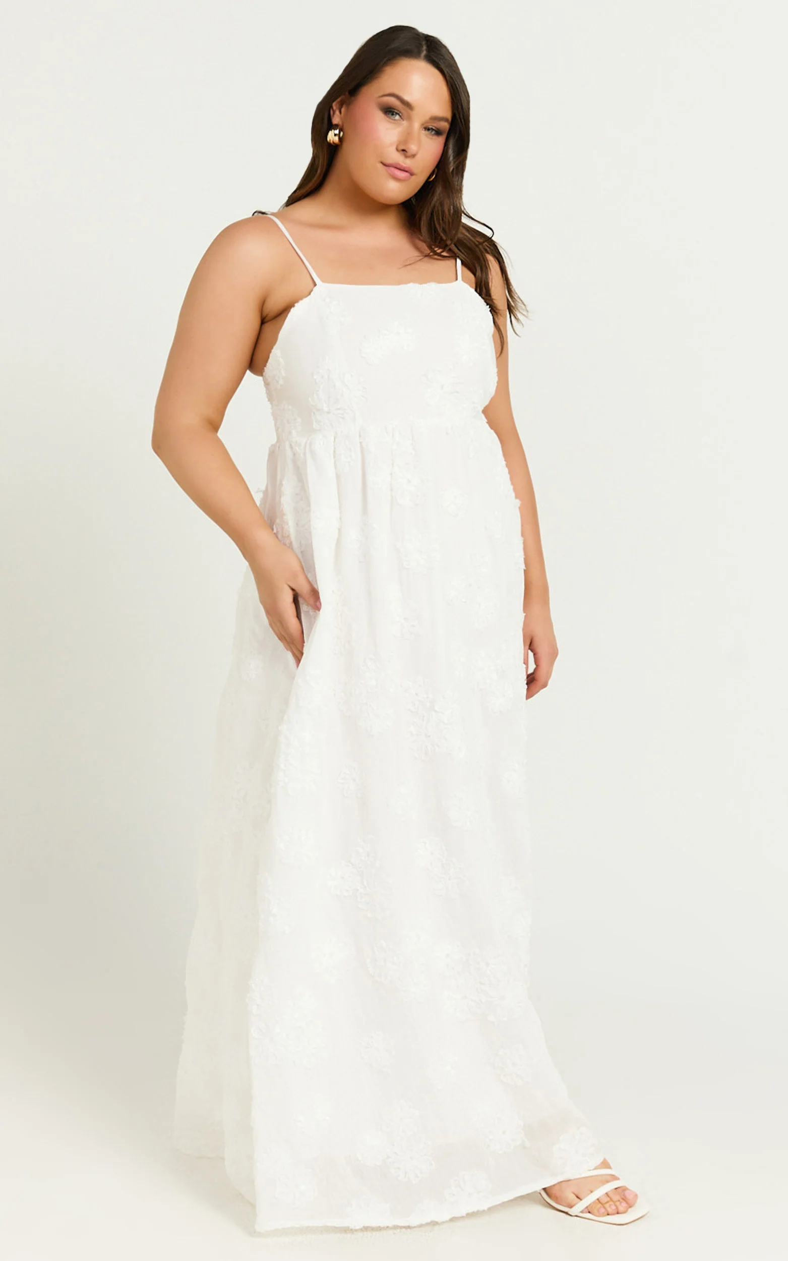 Claya Midi Dress - Sleeveless Straight Neckline Floral Detail Dress in White Embroidery - Image 6