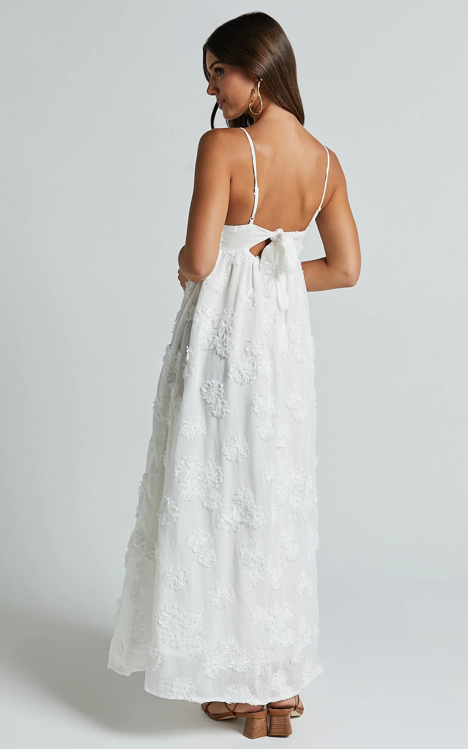 Claya Midi Dress - Sleeveless Straight Neckline Floral Detail Dress in White Embroidery - Image 7