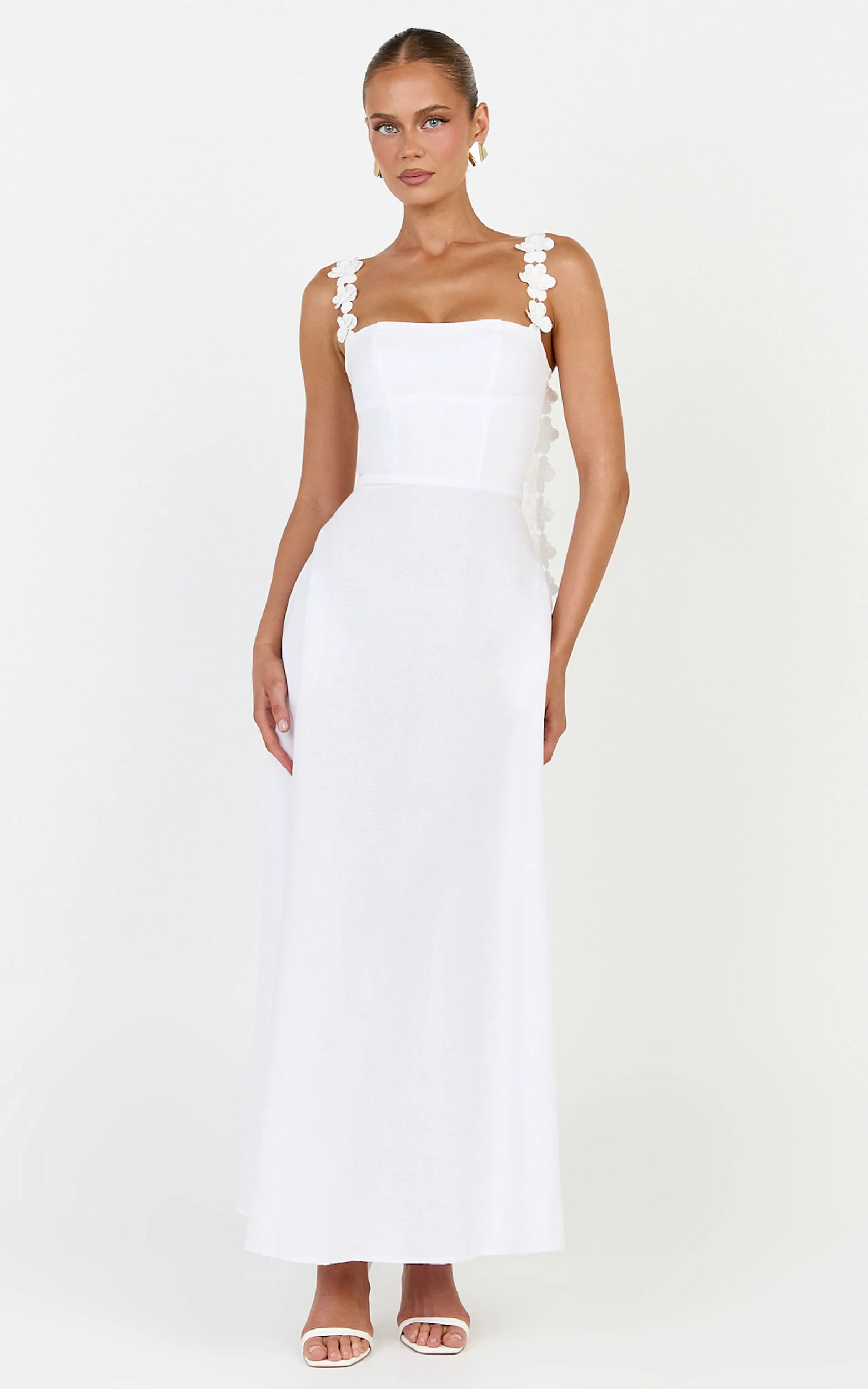 Clementine Midi Dress - 3D Floral Strap Dress in White - Image 4