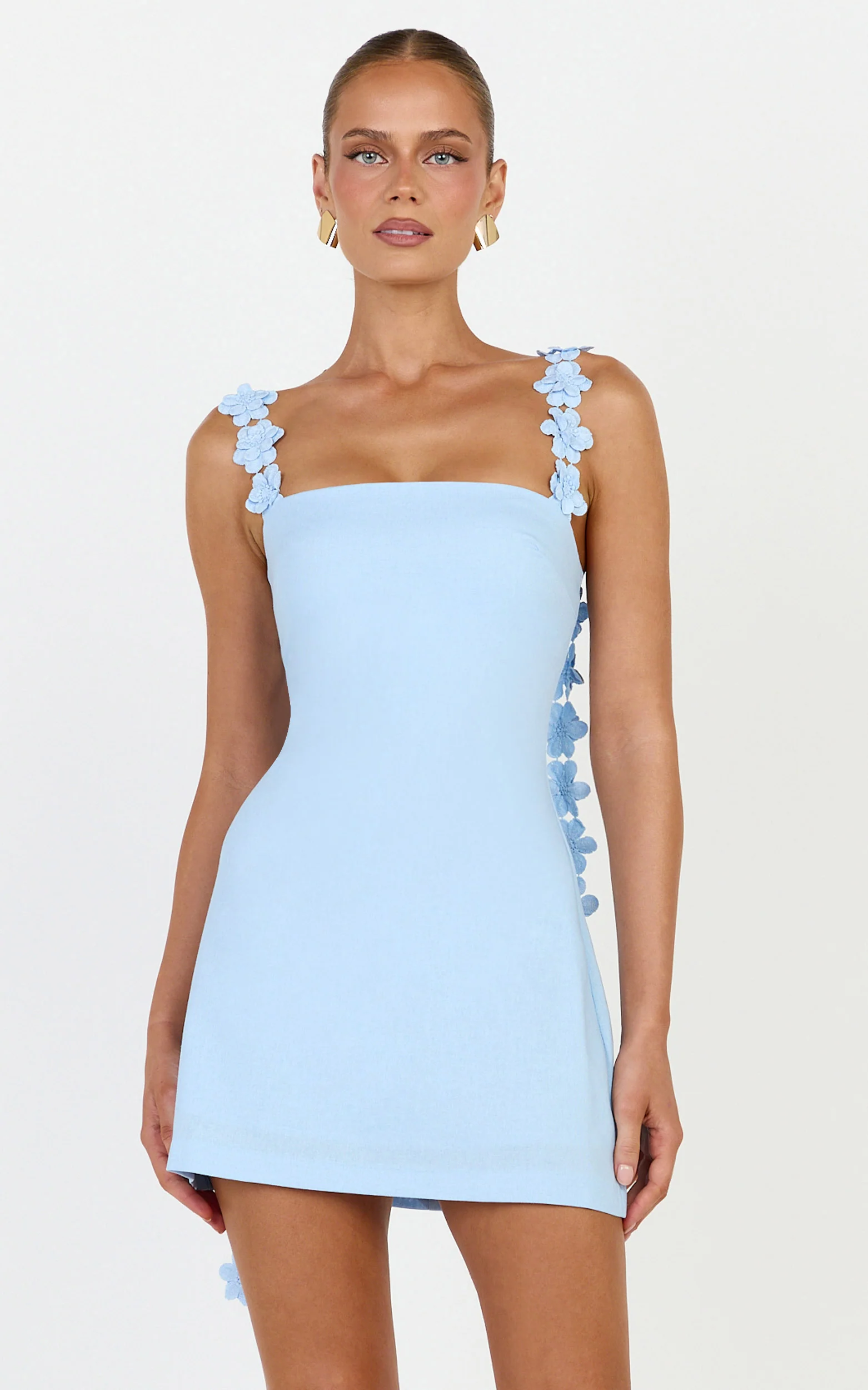 Clementine Mini Dress - 3D Floral Strap Dress in Blue - Image 3
