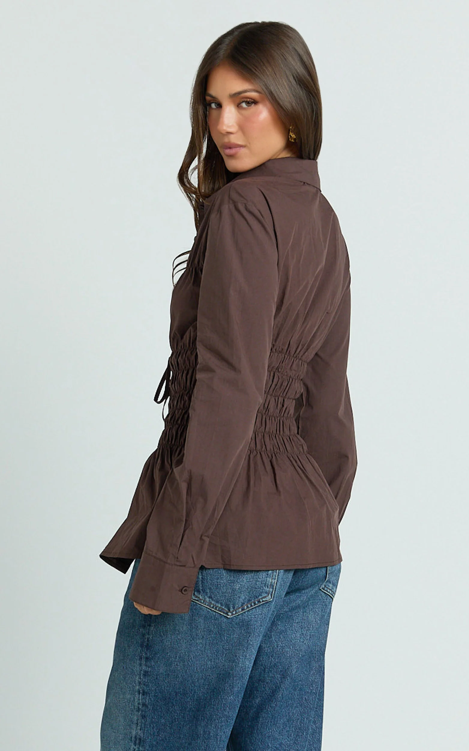 Cody Shirt - Ruched Detail Scrunch Shirt in Chocolate - Image 6