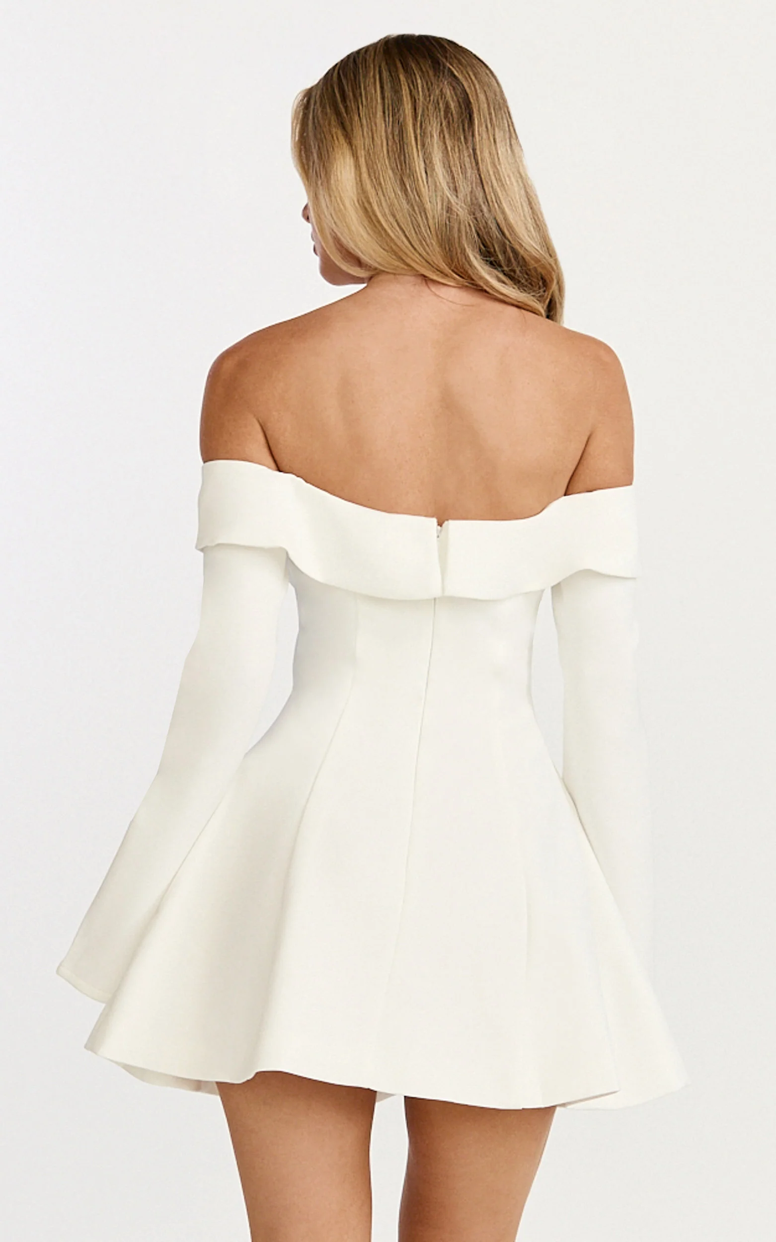 Collette Mini Dress - Off Shoulder Long Sleeve Godet Flare Dress in White - Image 5