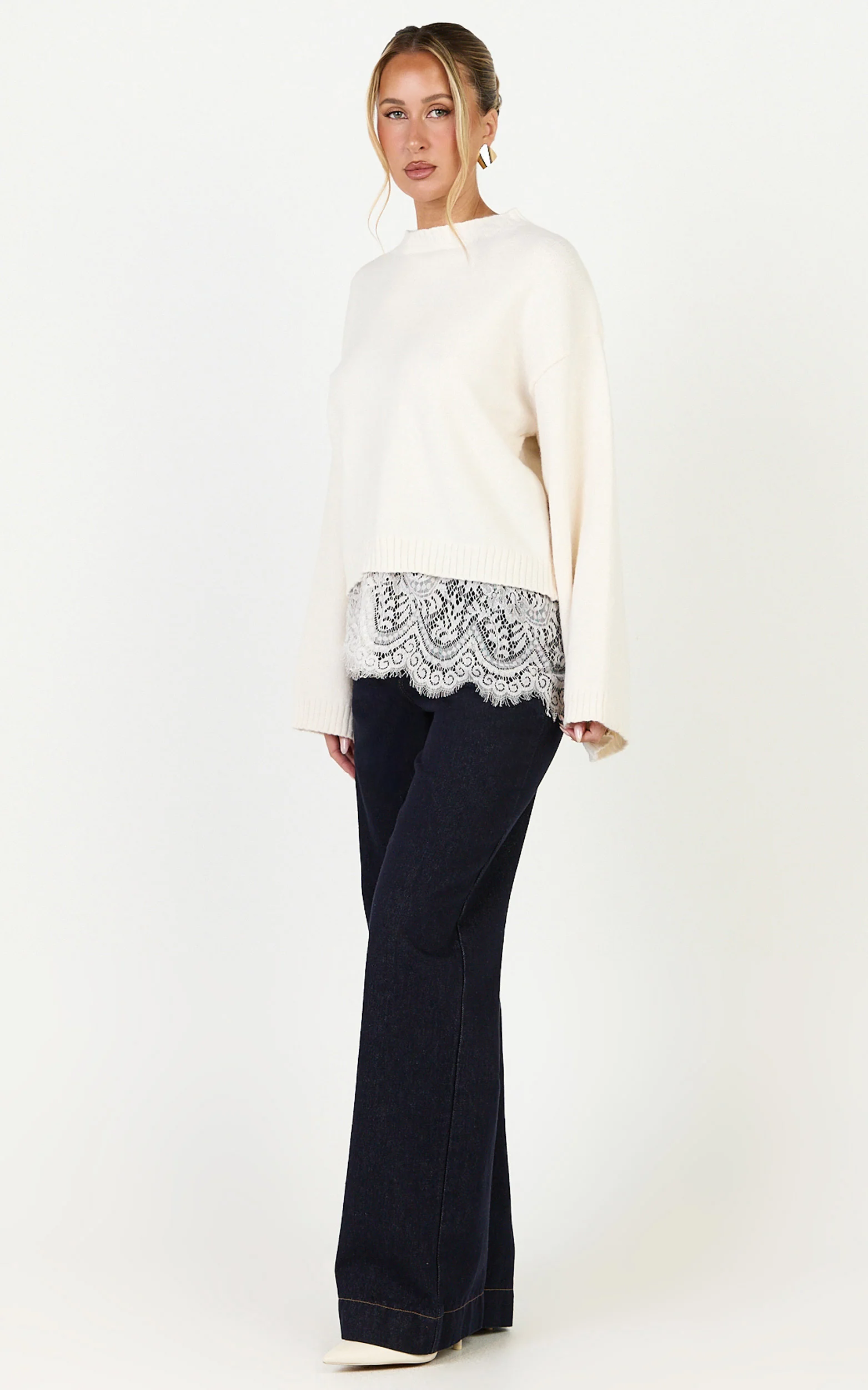 Cora Jumper - Crew Neck Knit Sweater With Lace Trim in Cream - Image 4