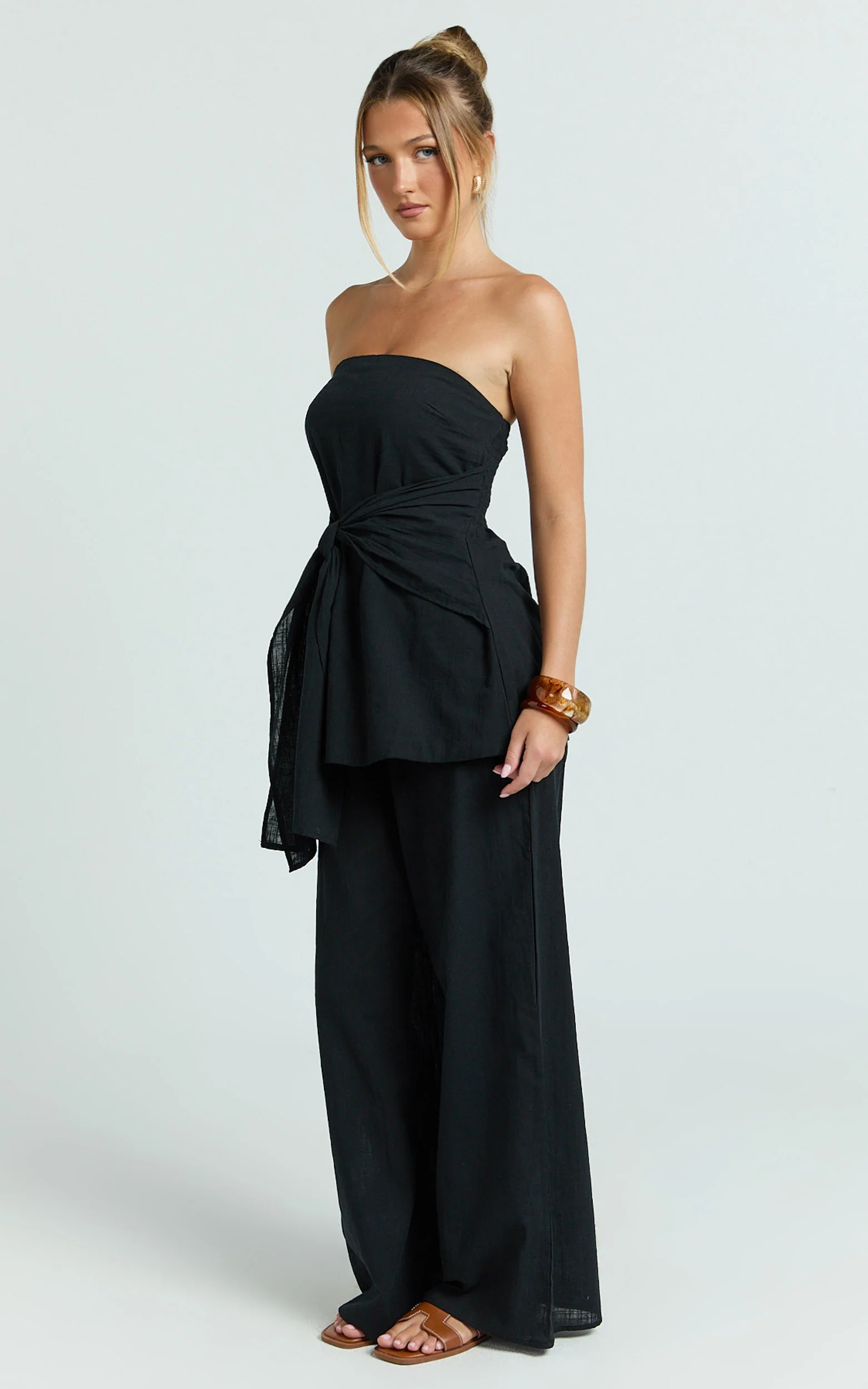 Cora Paige Two Piece Set - Strapless Tie Detail Top and Wide Leg Pant Set in Black - Image 4