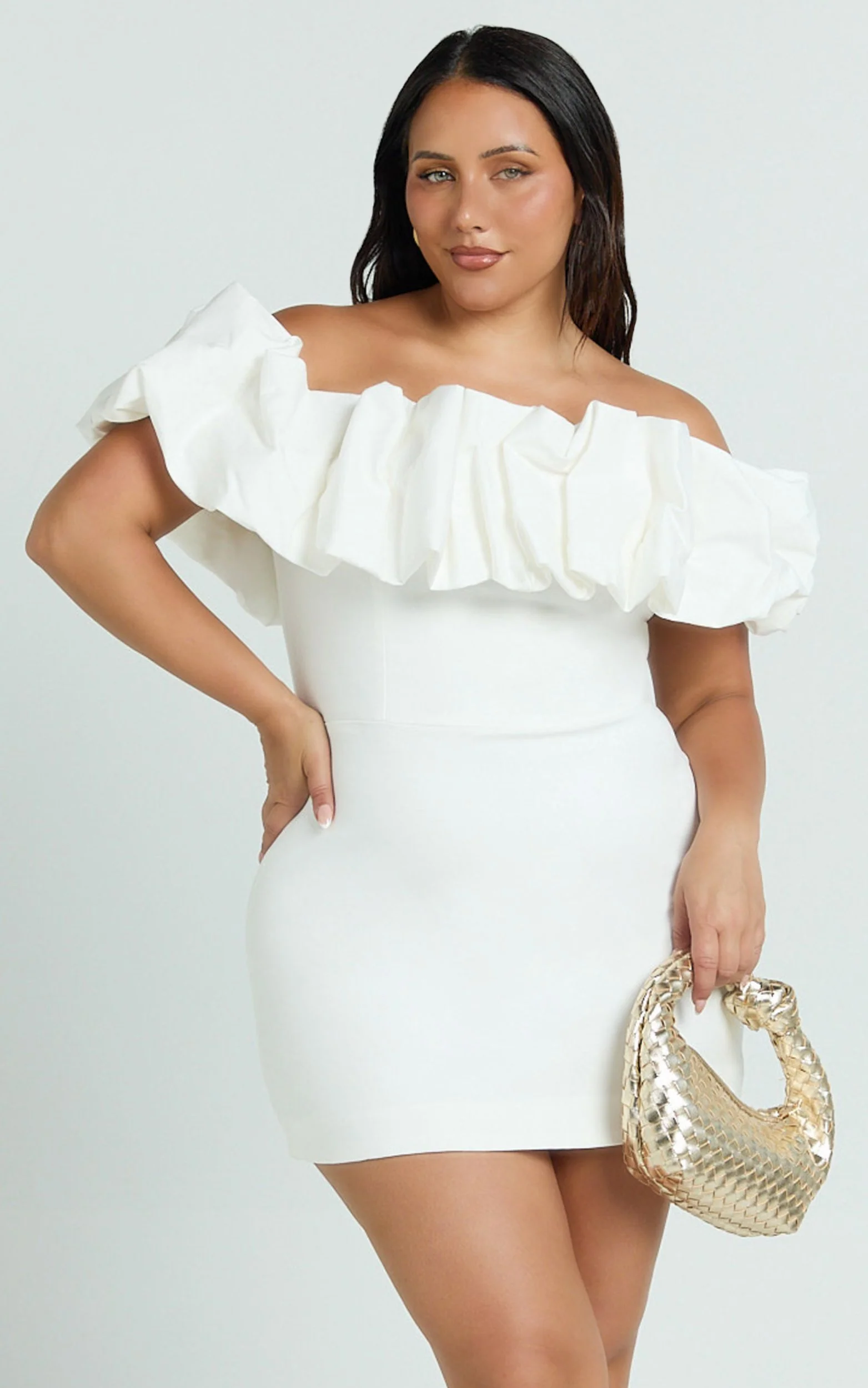 Coraline Mini Dress - Ruffle Off Shoulder Fitted Dress in White - Image 2