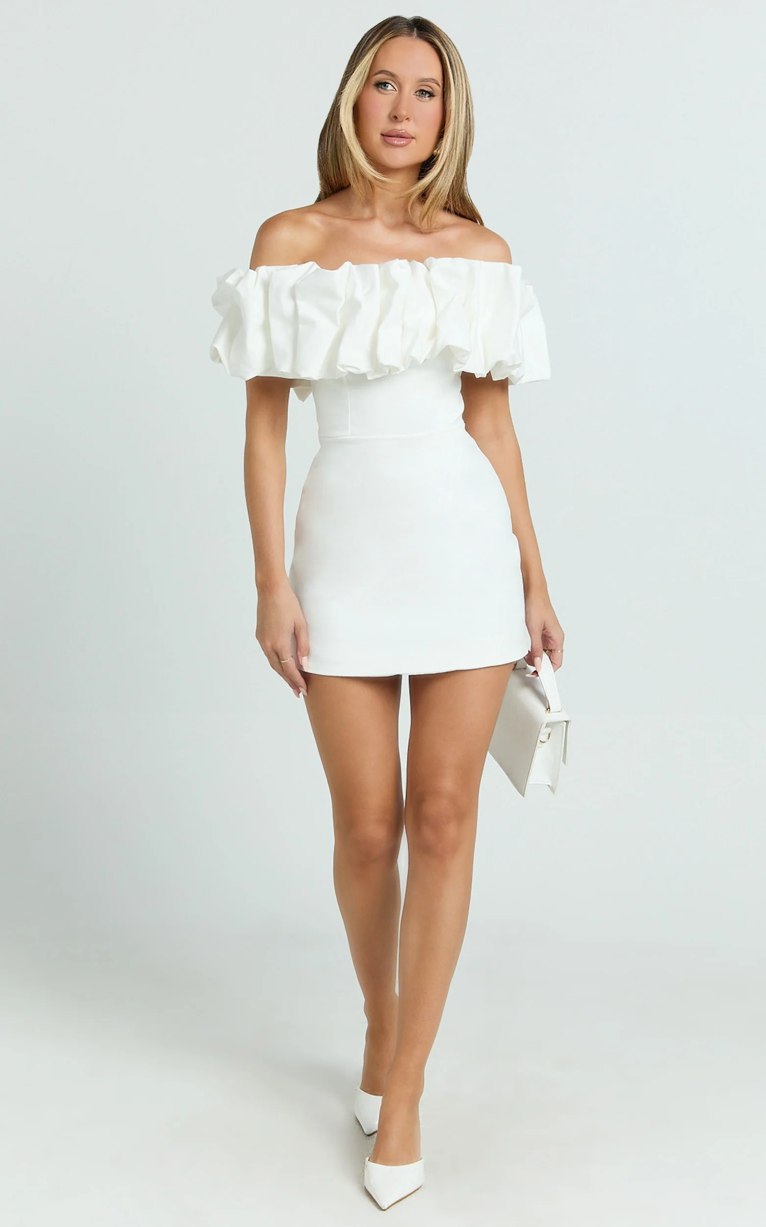 Coraline Mini Dress - Ruffle Off Shoulder Fitted Dress in White - Image 5