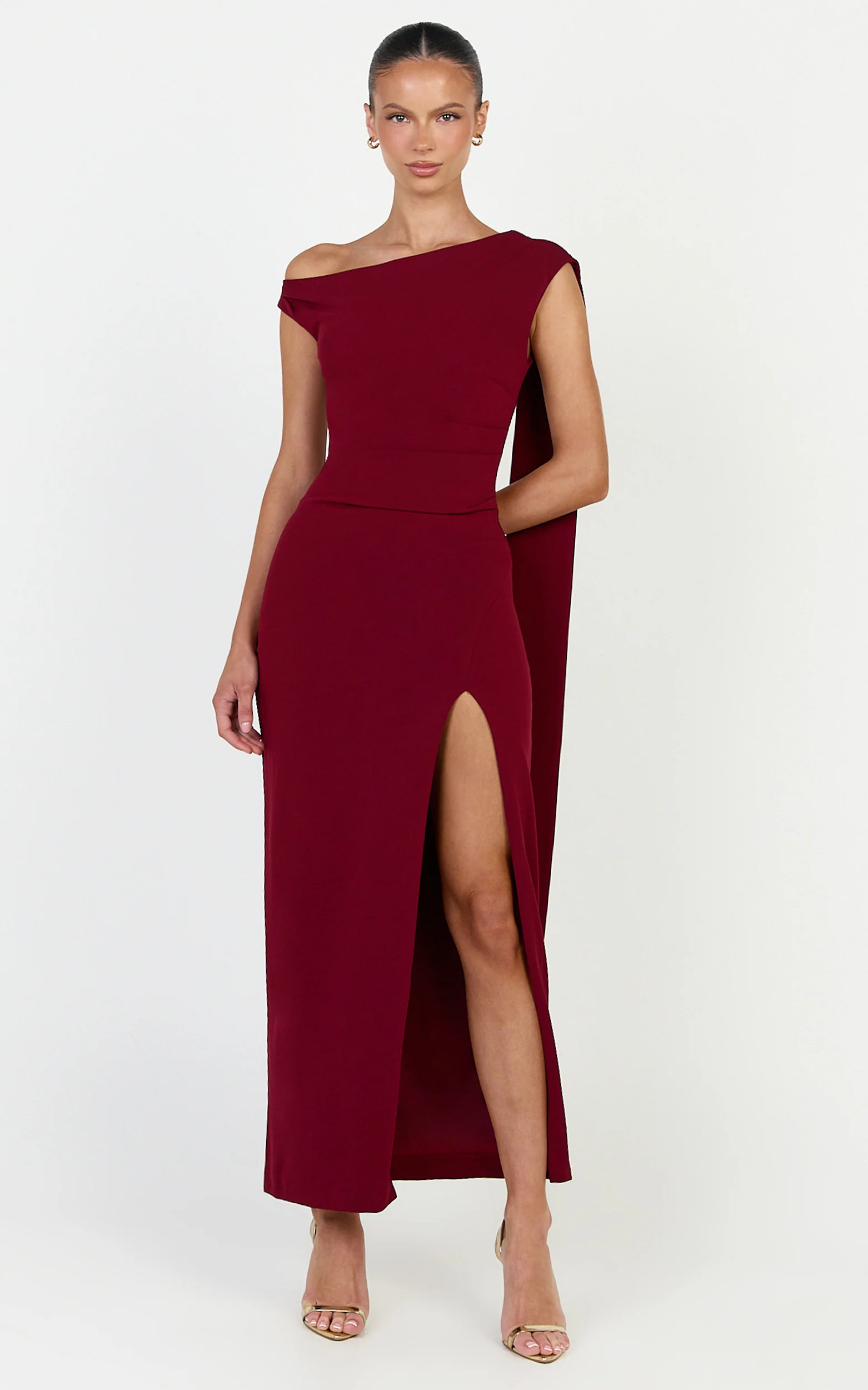Cosette Midi Dress - Asymmetric Neckline Draped Shoulder Sash Dress in Wine - Image 3