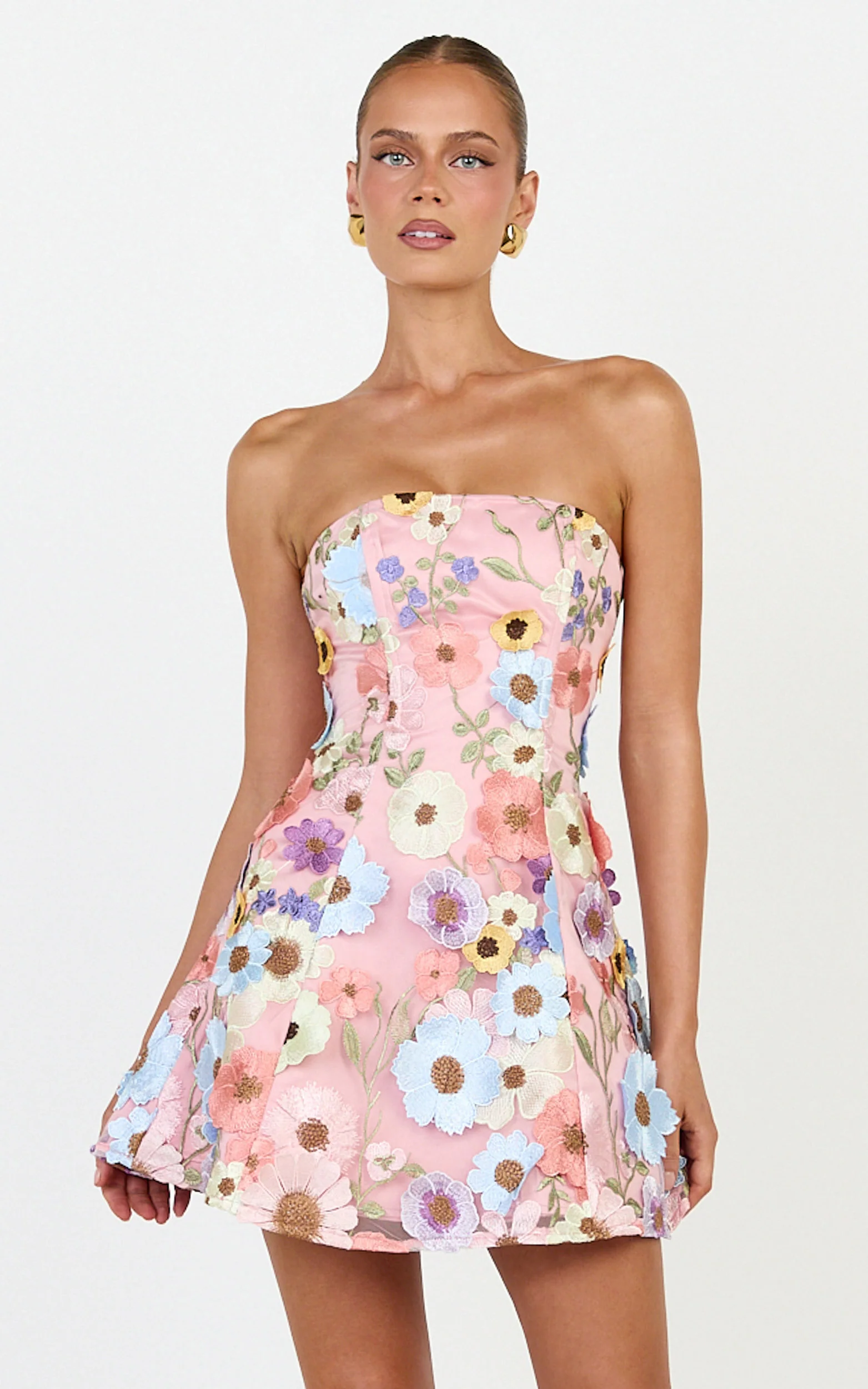 Cosima Mini Dress - Strapless 3D Floral Fit And Flare Dress in Multi - Image 3