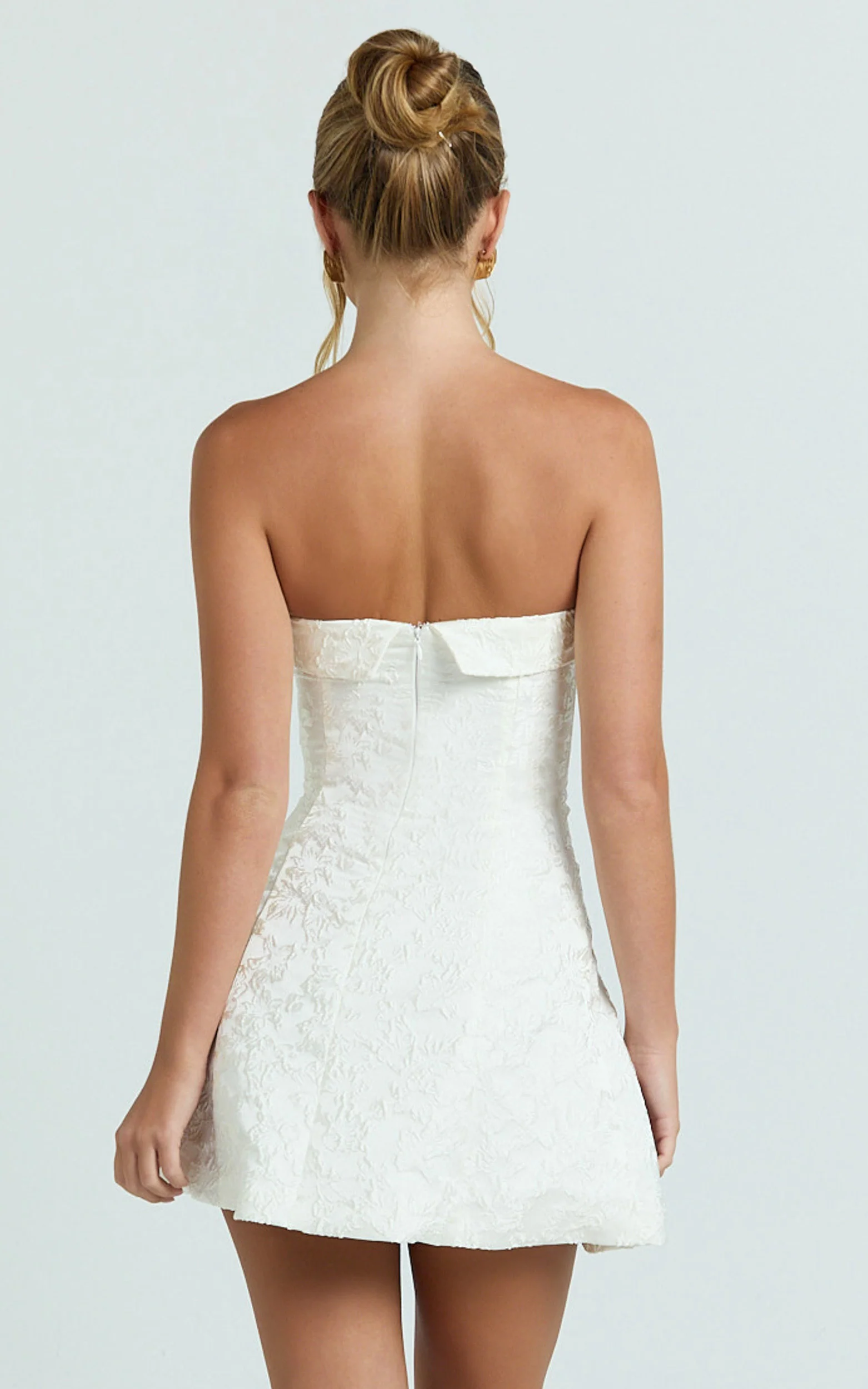 Courtney Mini Dress - Satin Paneled Strapless A Line Dress in White - Image 5
