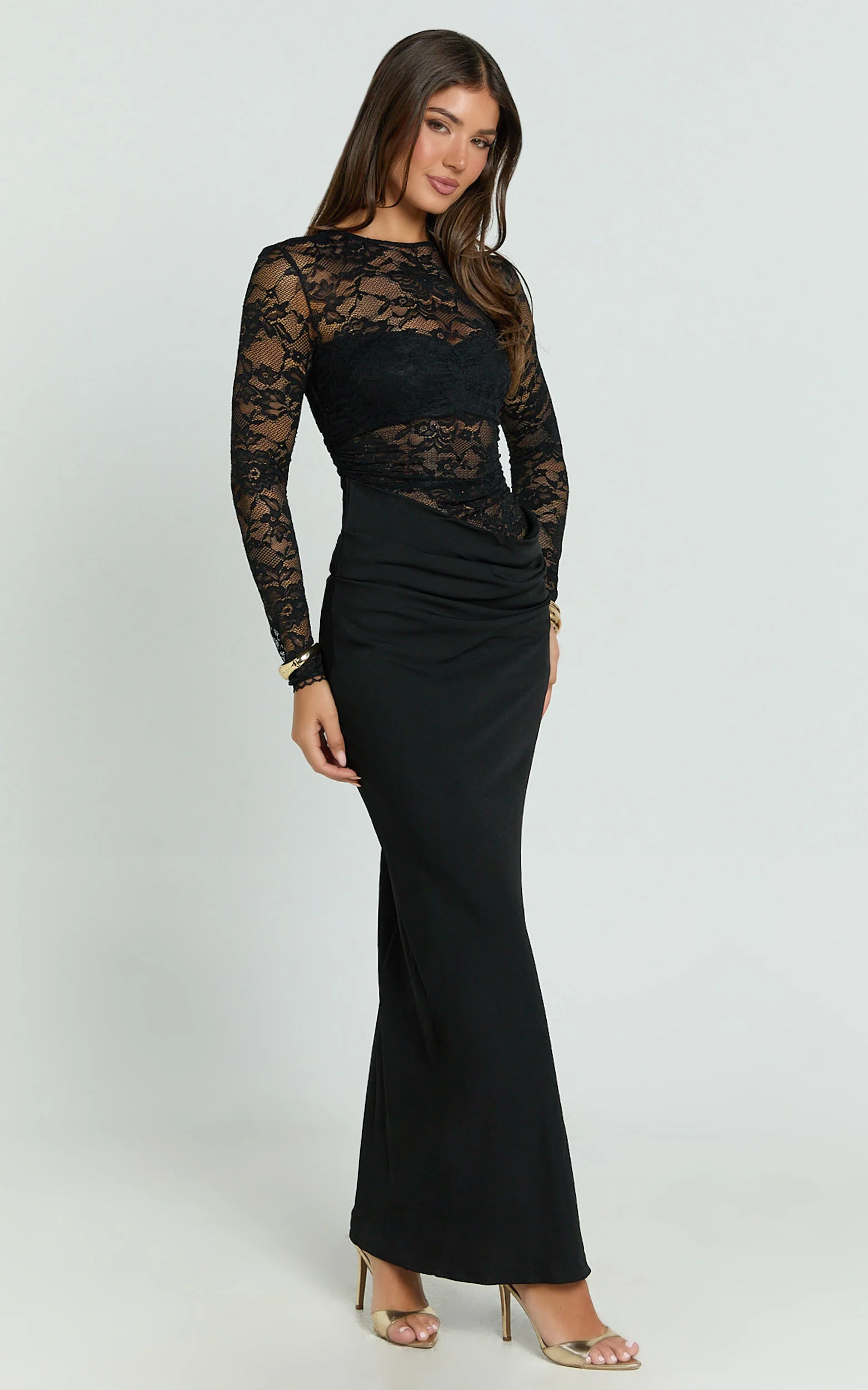 Crisanta Maxi Dress - Long Sleeve Contrast Lace Bodycon Dress in Black - Image 2