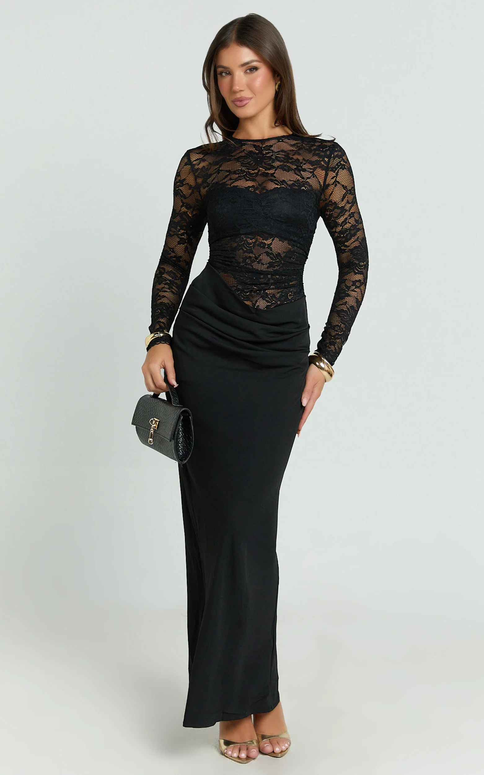 Crisanta Maxi Dress - Long Sleeve Contrast Lace Bodycon Dress in Black - Image 3
