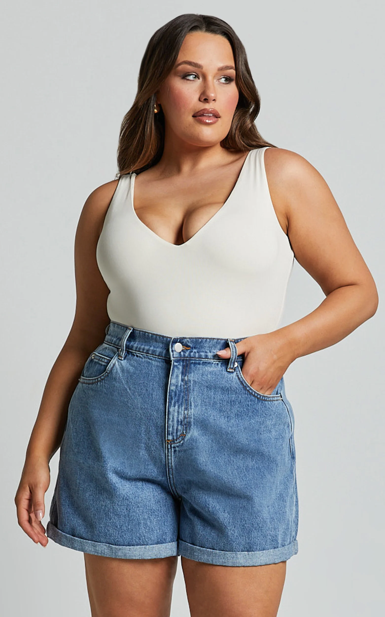 Cristiana Shorts - High Waisted Cuffed Denim in Blue - Image 2