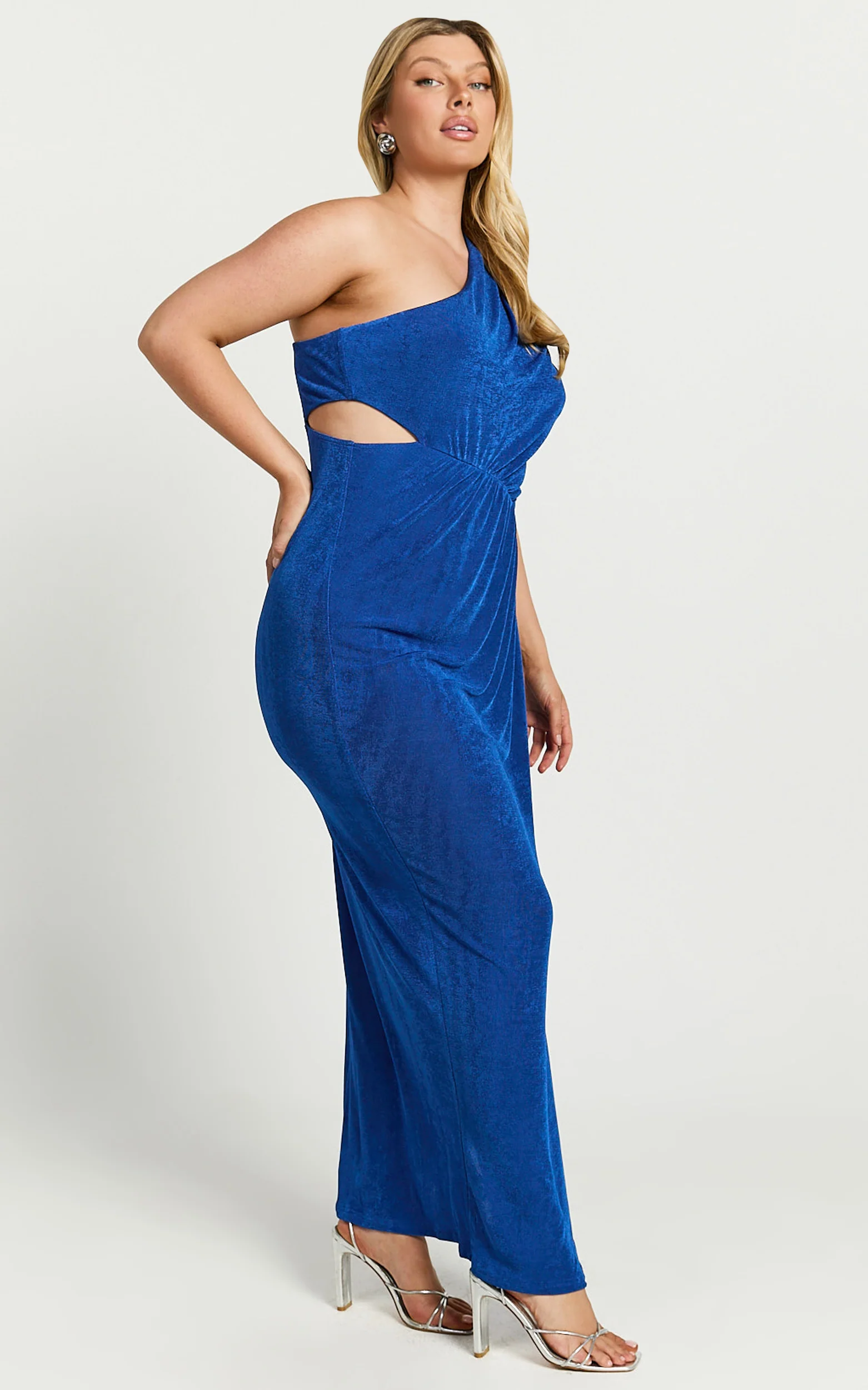 Cristle Midi Dress - One Shoulder Side Cut Out Thigh Split Dress in Cobalt - Image 4