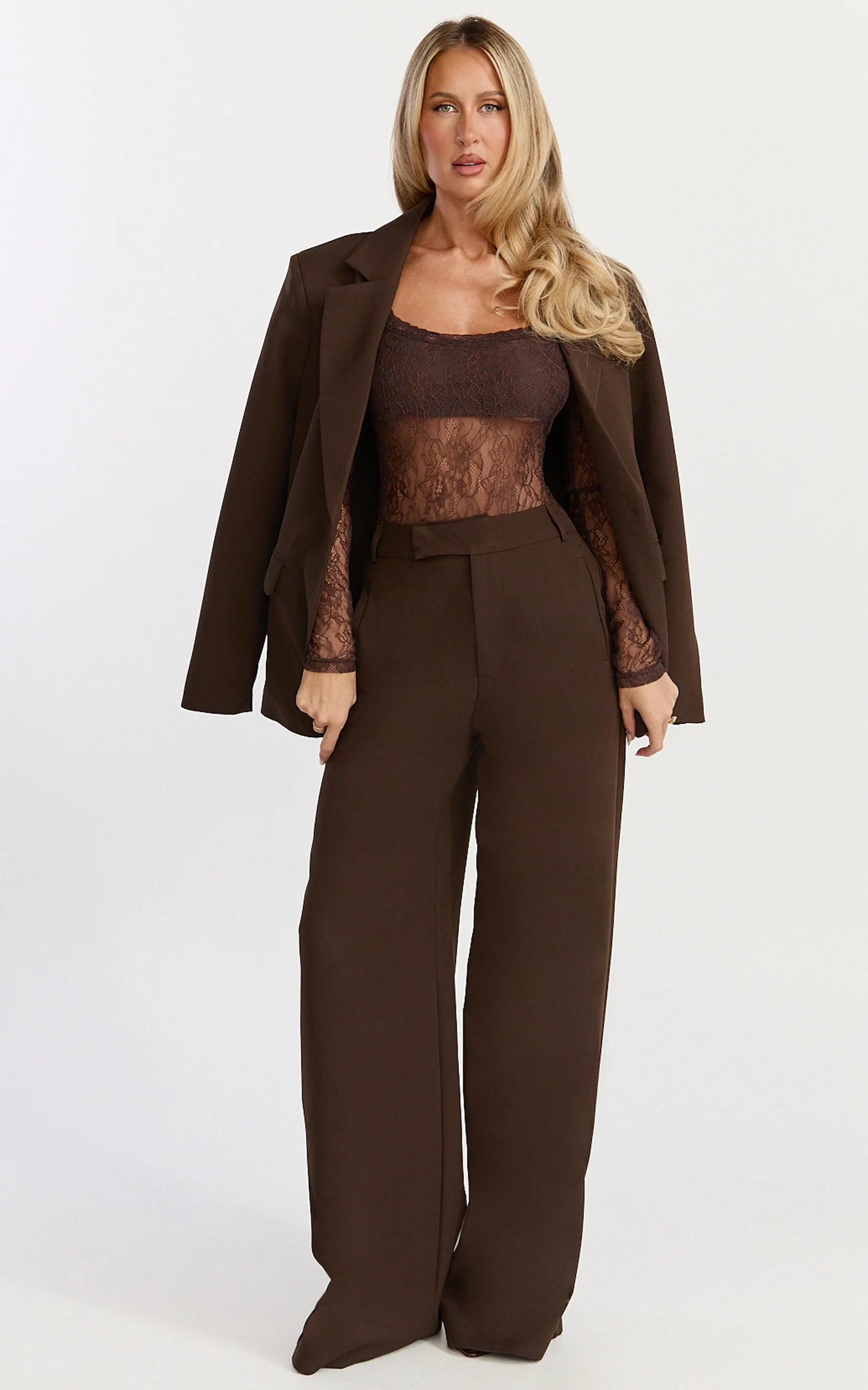 Cynthia Bodysuit - Long Sleeve Lace Bodysuit in Chocolate - Image 2
