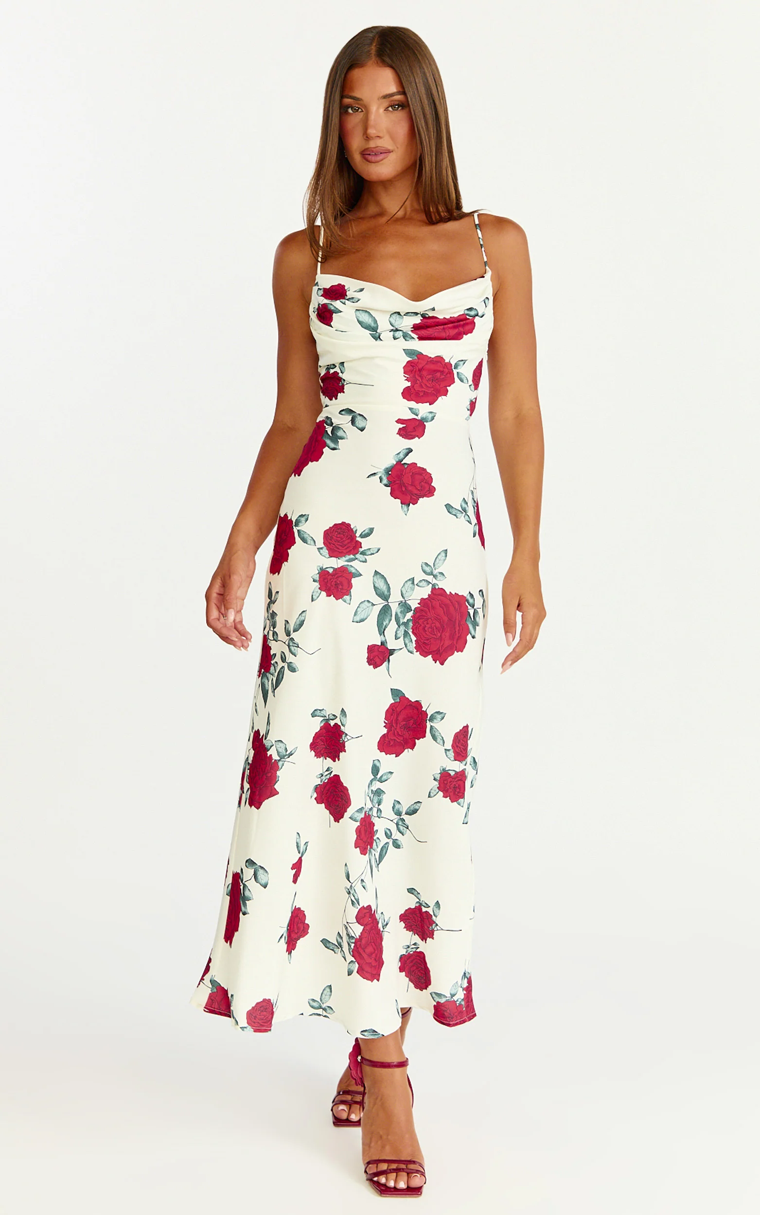 Dahlia Midi Dress - Cowl Neck A Line Dress in Scarlet Rose Print - Image 5