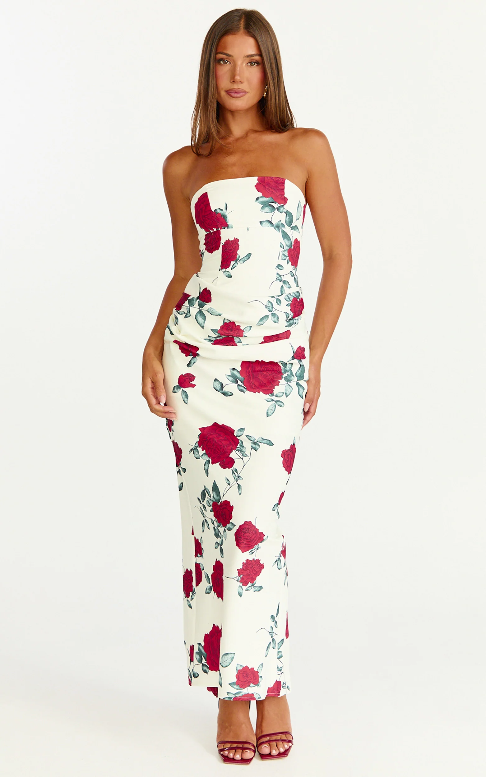 Dahlia Midi Dress - Strapless Draped Cowl Waist Fitted Dress in Scarlet Rose Print - Image 3