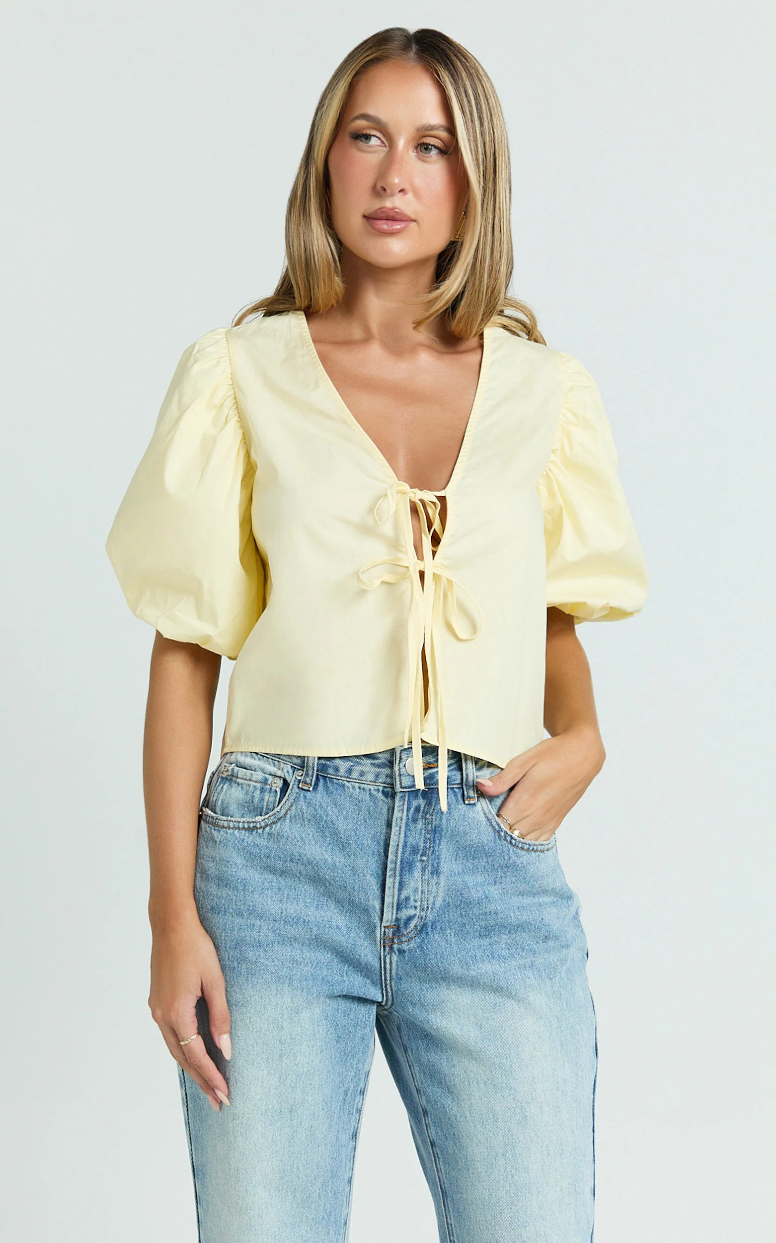 Dana Top - Bow Tie Front Puff Sleeve Blouse in Lemon - Image 4