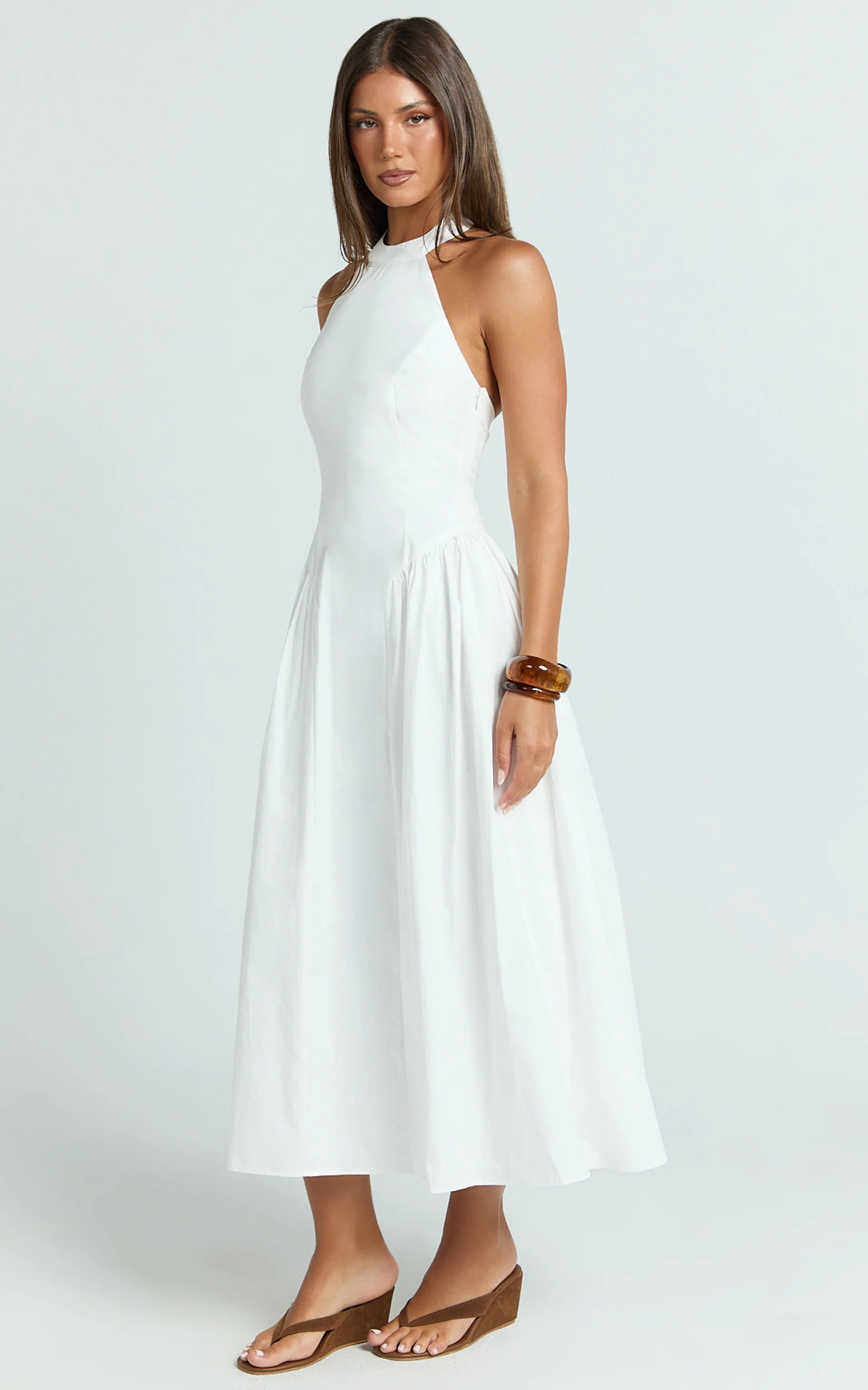 Danielle Midi Dress - Halter Neck Fit And Flare Dress in Off White - Image 2