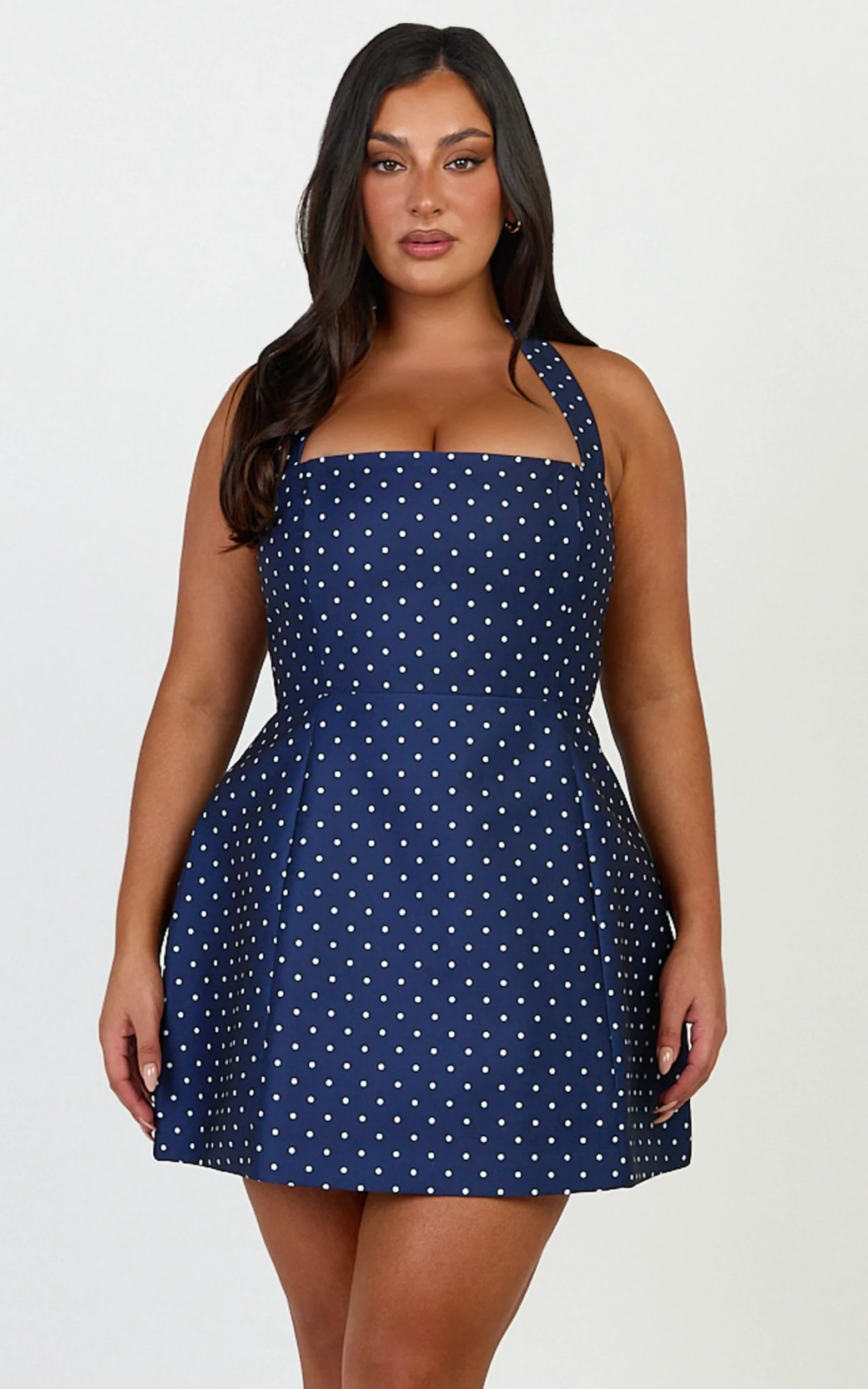 Dante Mini Dress - Halter Neck Tie Tulip Skirt Dress in Navy Polka Dot - Image 2