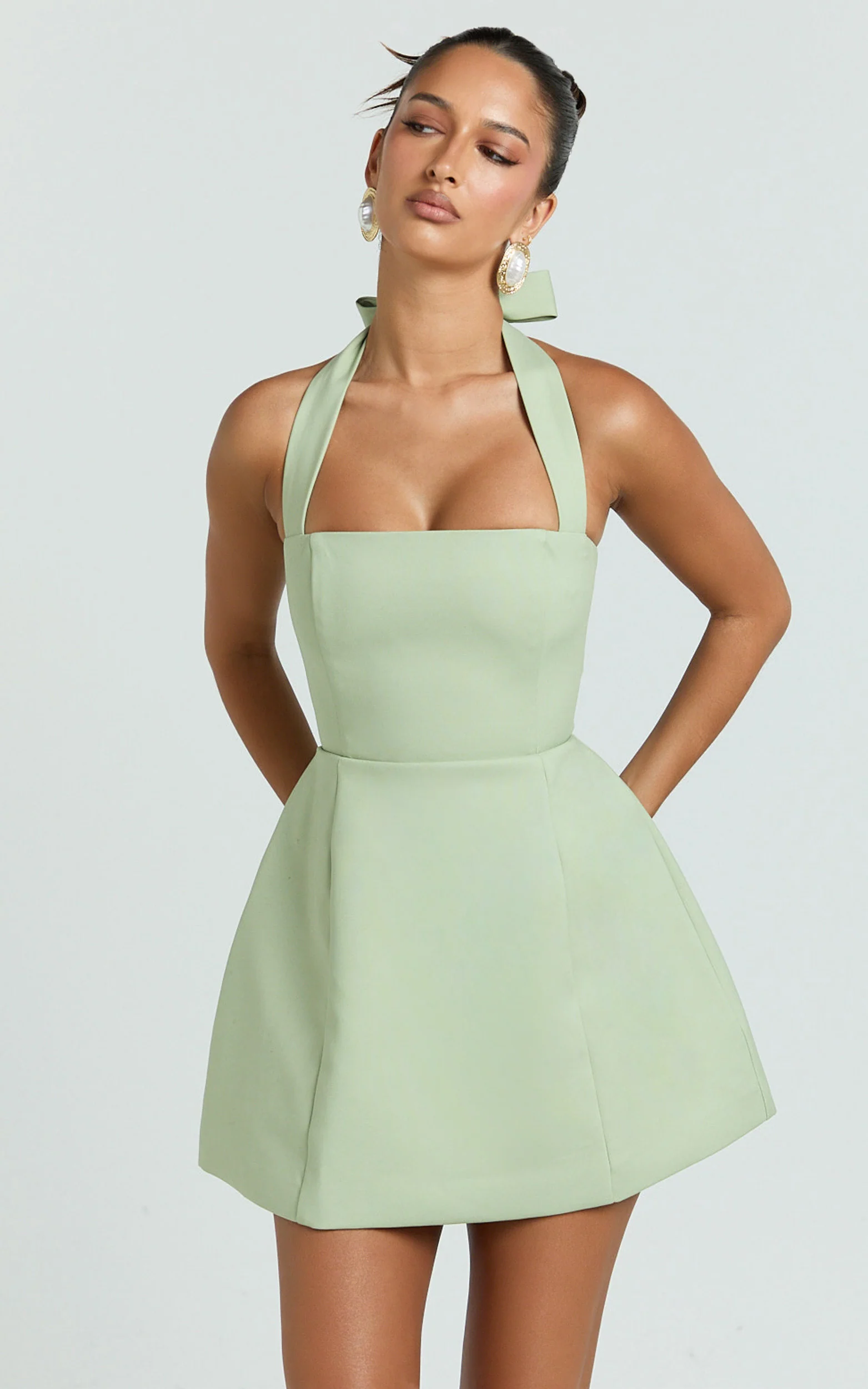Dante Mini Dress - Halter Neck Tie Tulip Skirt Dress in Sage - Image 4