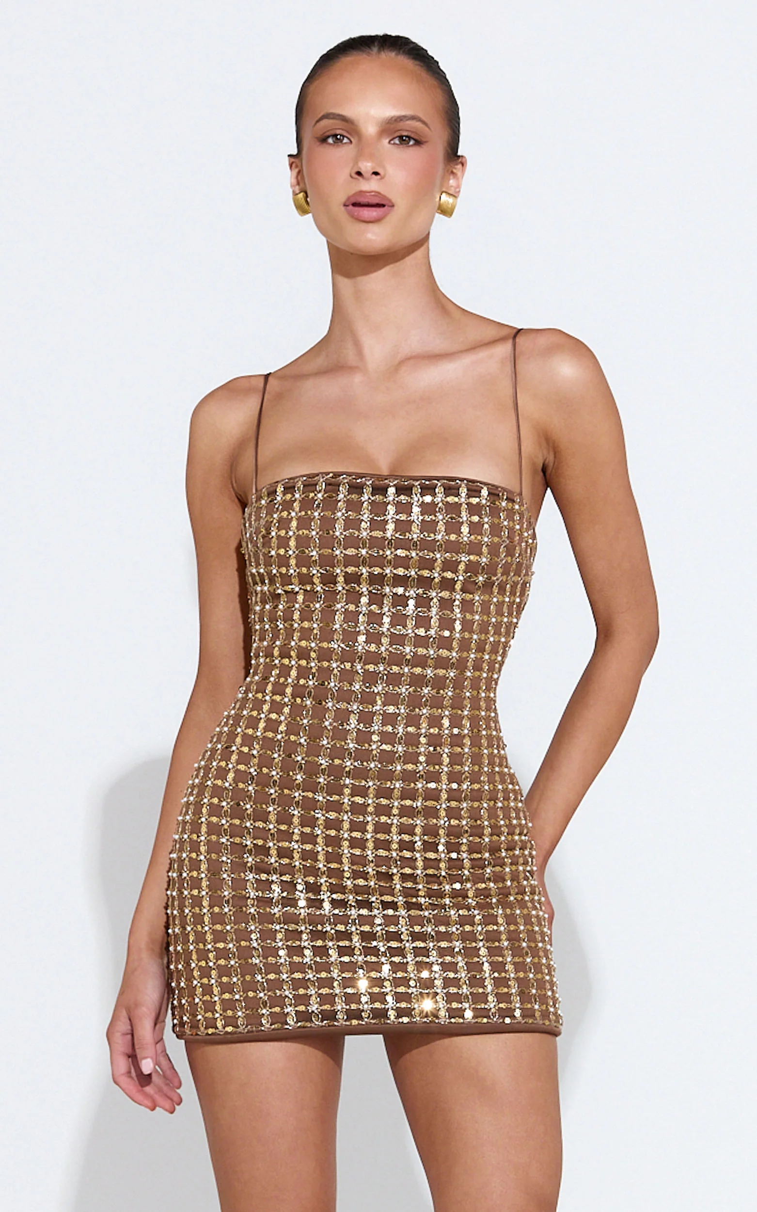 Daphne Mini Dress - Bodycon Sequin Embellished Dress in Gold - Image 3
