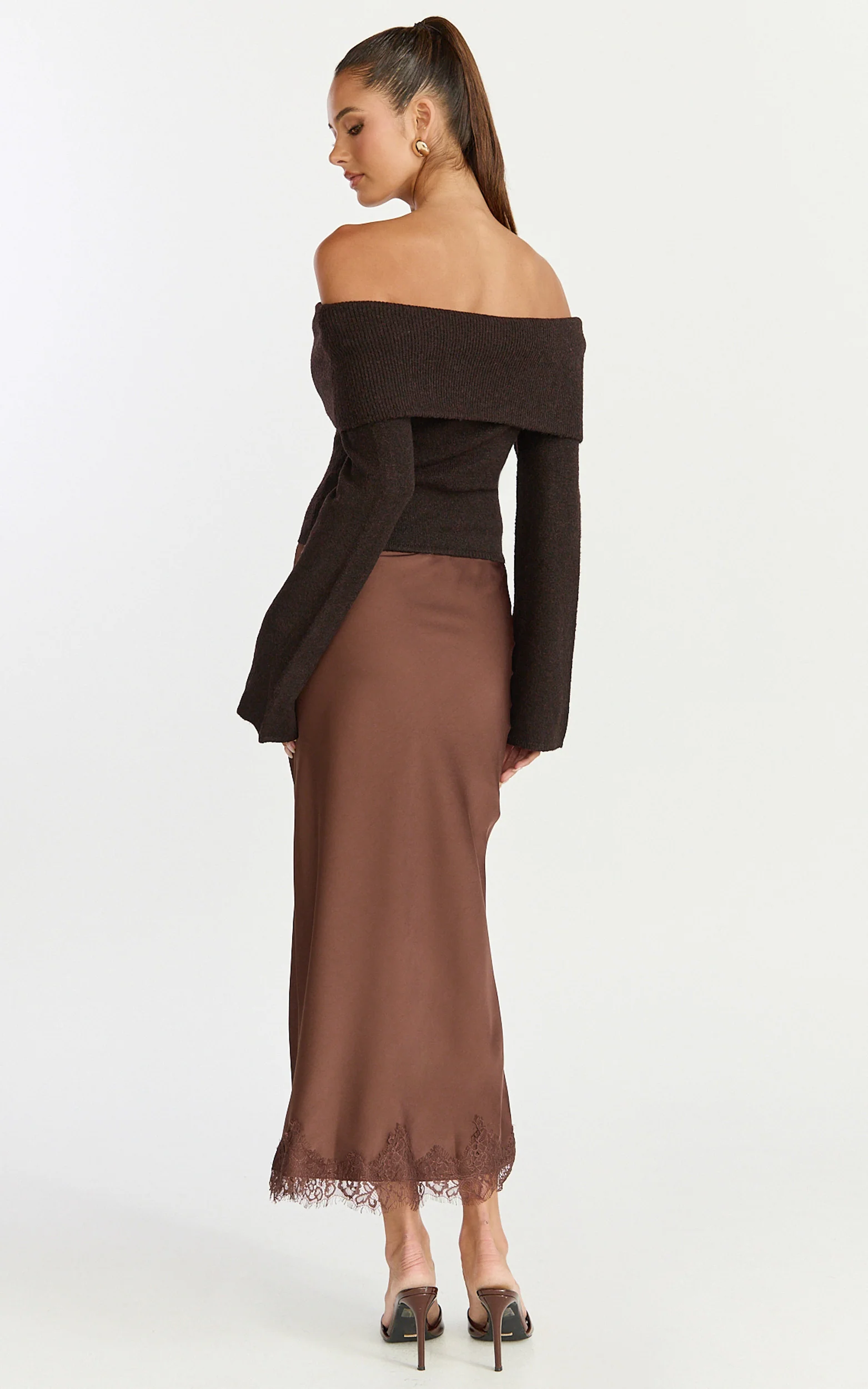 Darcie Top - Off Shoulder Long Sleeve Knit Top in Chocolate - Image 6