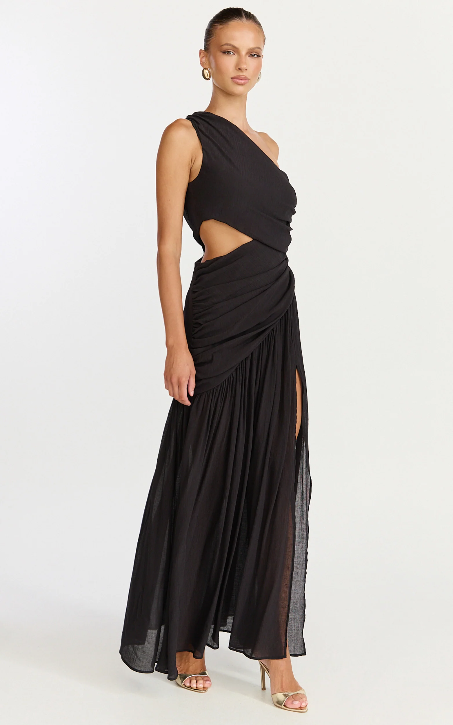 Darcy Maxi Dress - One Shoulder Side Cut Out Gathered Dress in Black - Image 2