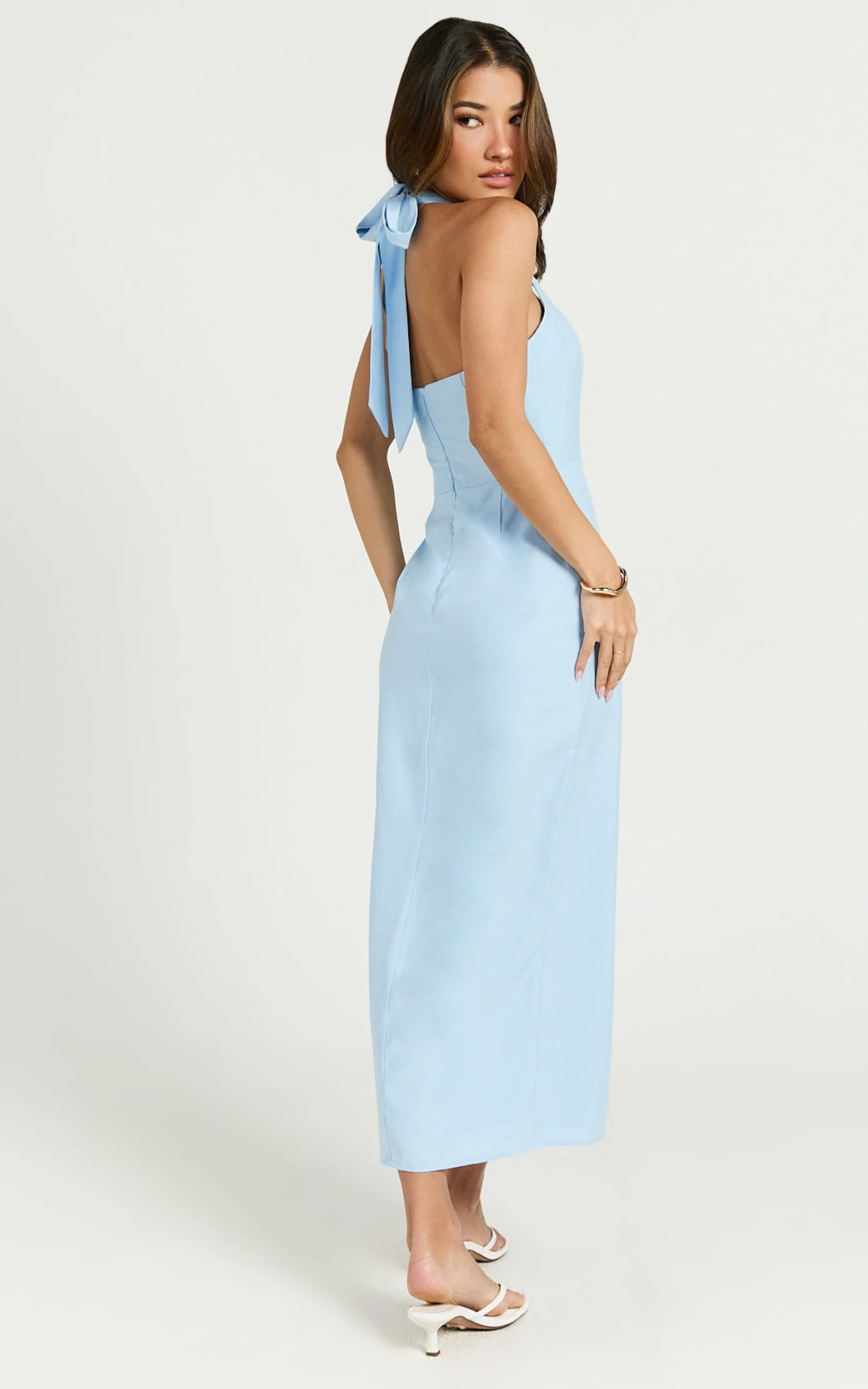 Darcy Midi Dress - Halter Fitted Side Split Dress in Blue - Image 7