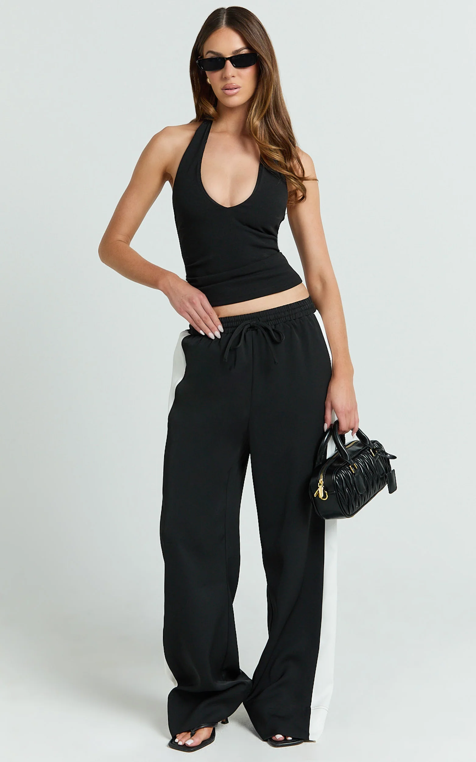 Davi Pants - Drawstring Waist Contrast Panel Tailored Pants in Black - Image 5