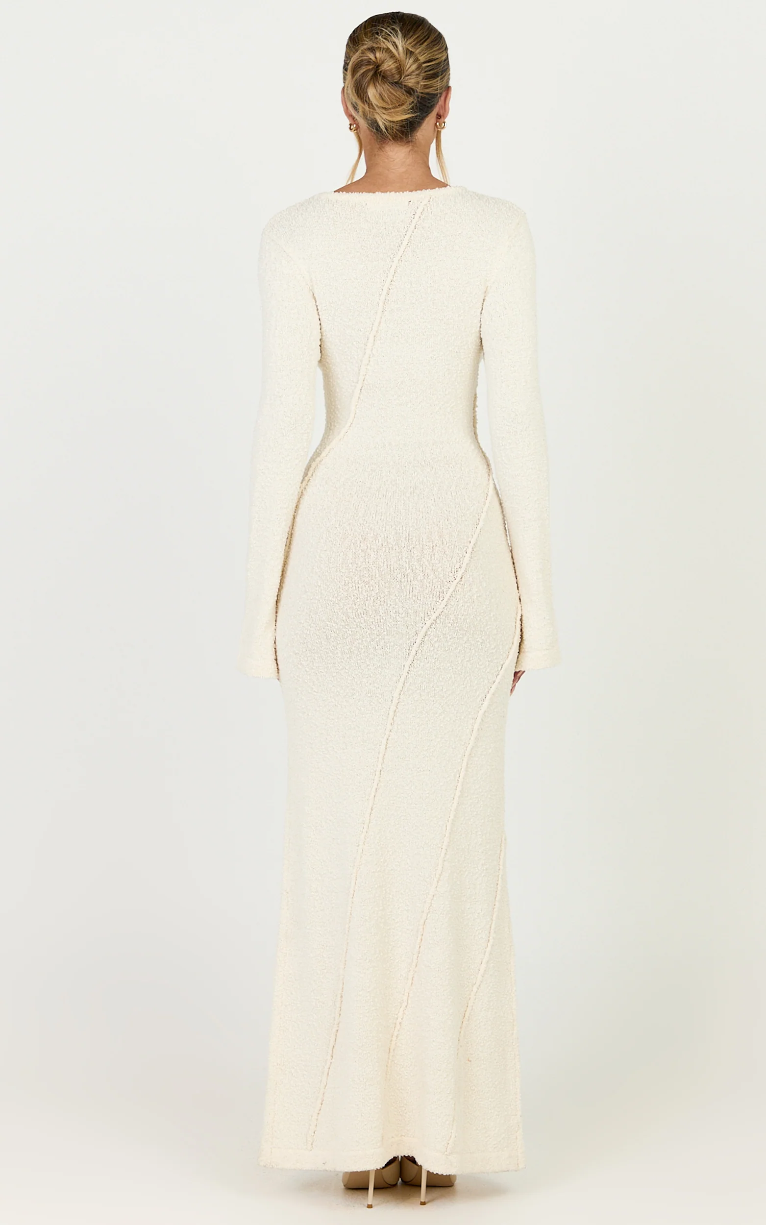 Delilah Maxi Dress - Long Sleeve Seam Detail Boucle Knit Dress in Cream - Image 5