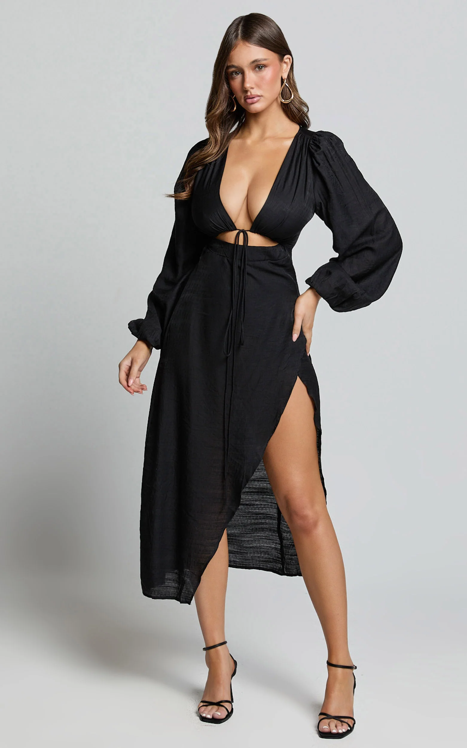 Demieh Midi Dress - Front Cut Out Long Sleeve Dress in Black - Image 3