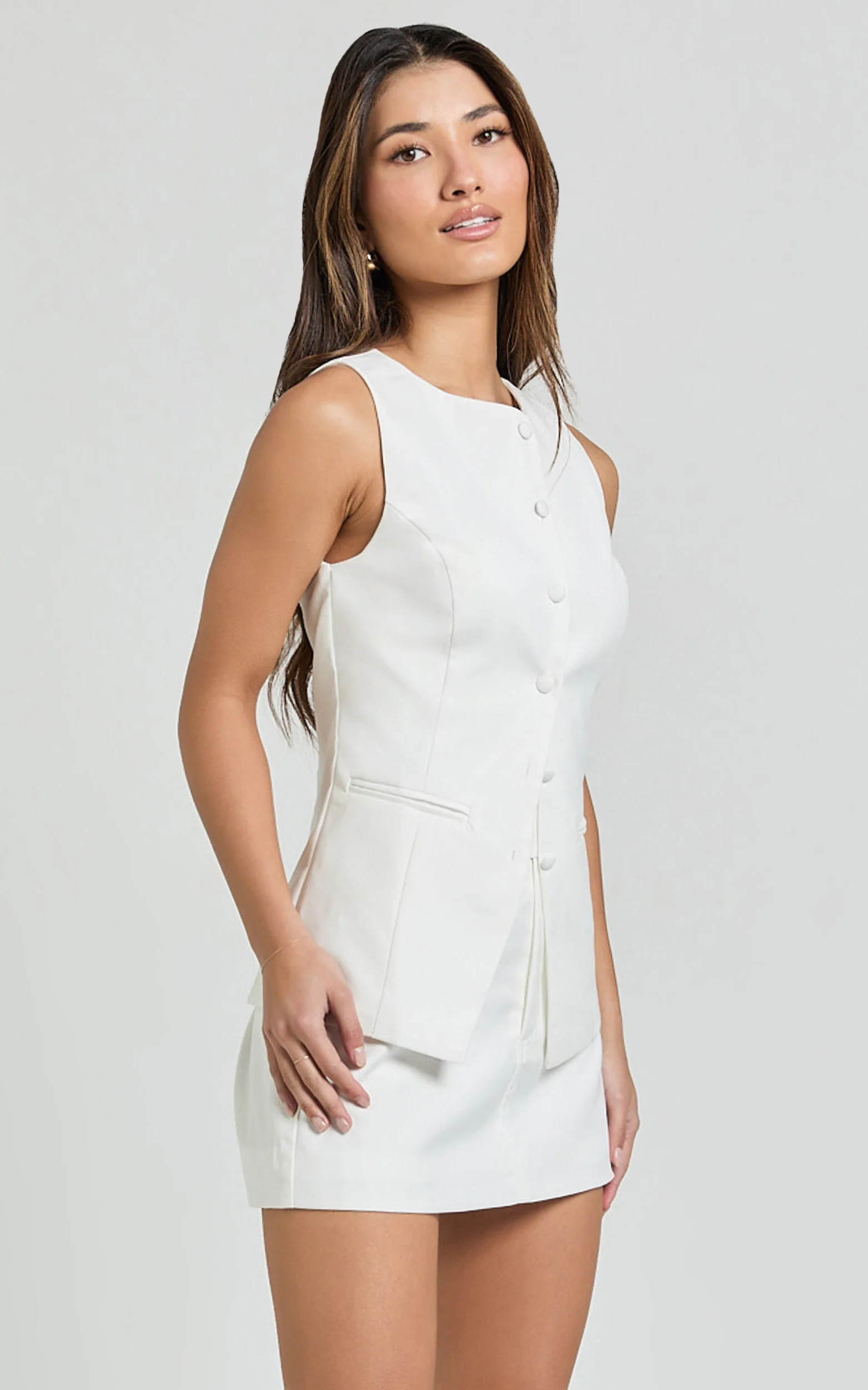 Desi Top - Longline Crew Neck Vest Top in Warm White - Image 6