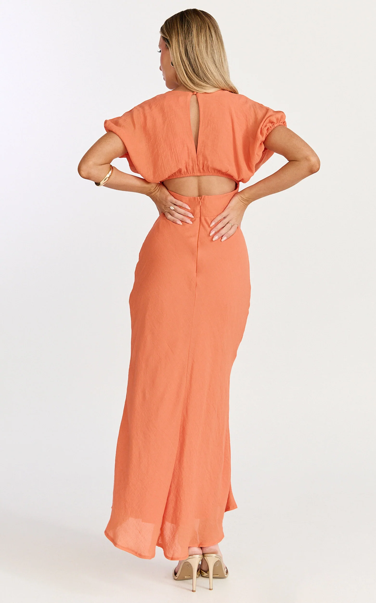 Desiree Midi Dress - V Neck Flutter Short Sleeve Slip Dress in Orange - Image 5