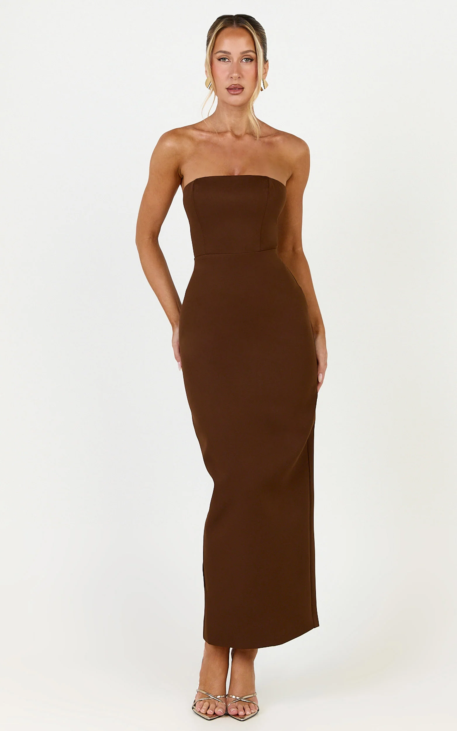 Dessa Midi Dress - Strapless Column Dress in Chocolate - Image 3