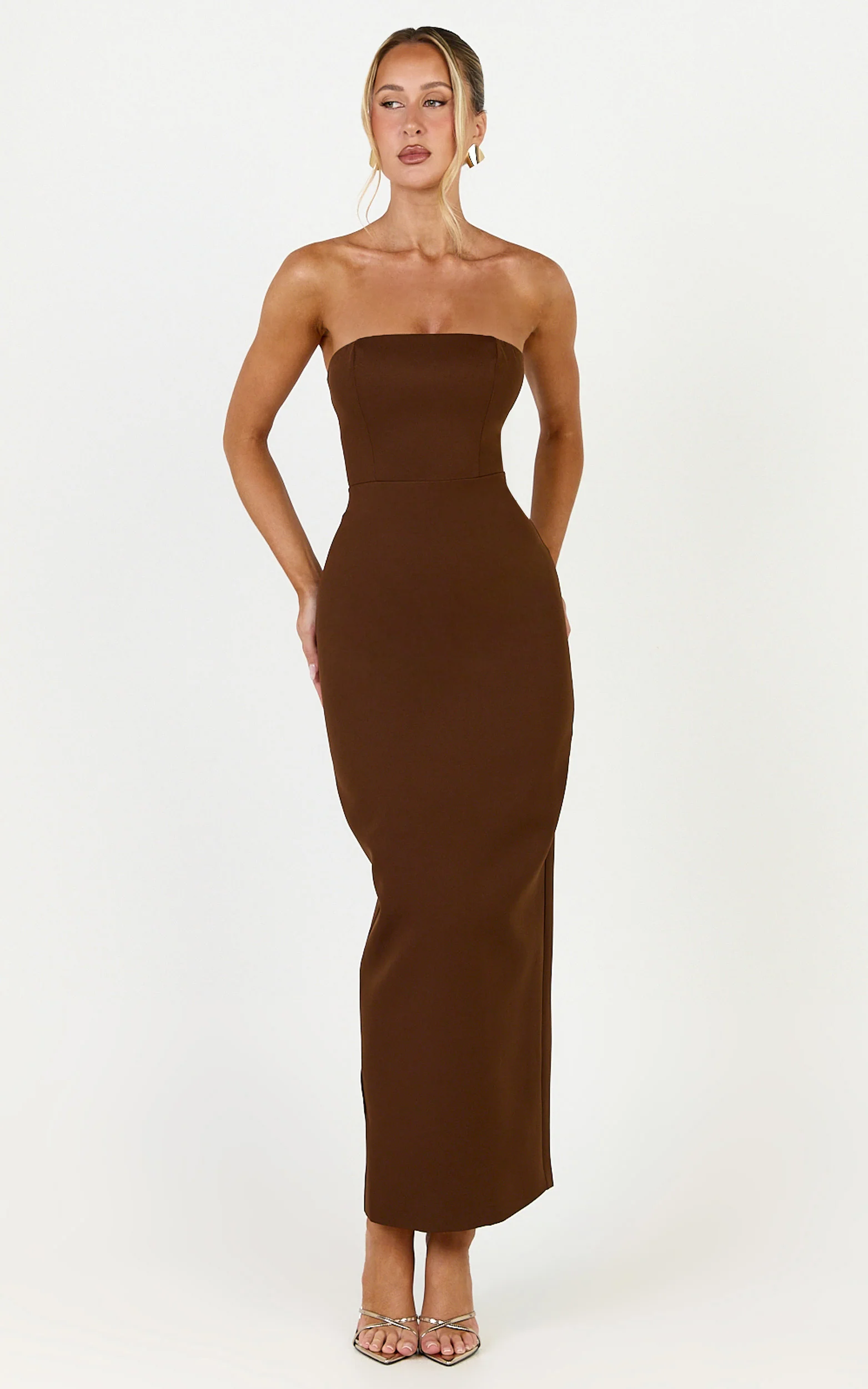 Dessa Midi Dress - Strapless Column Dress in Chocolate - Image 4