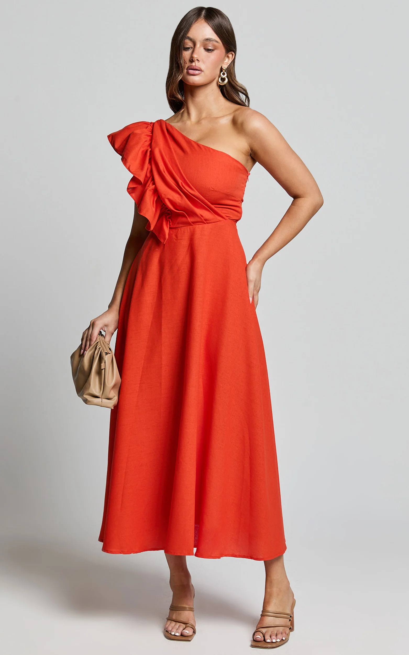 Dixie Midi Dress - Linen Look One Shoulder Ruffle Dress in Red Orange - Image 3