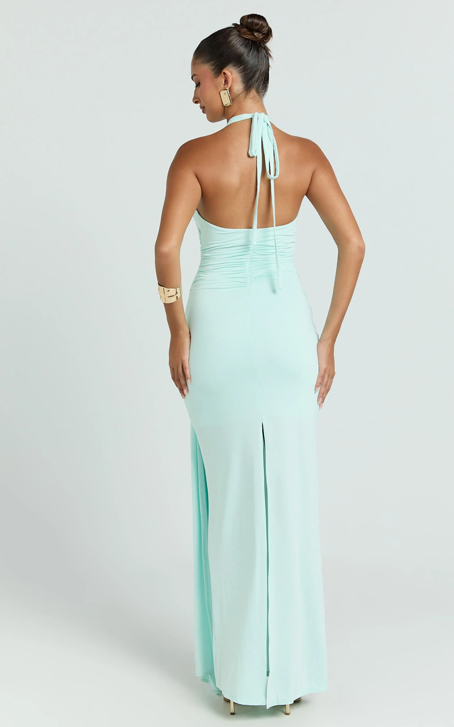 Dixie Maxi Dress - Plunge Halter Low Back Dress in Mint - Image 2