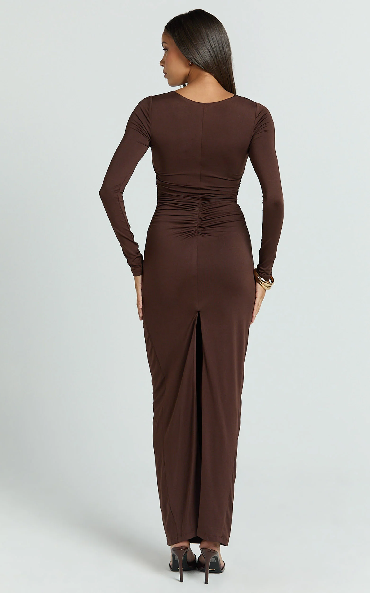 Dixie Maxi Dress - Plunge Long Sleeve Bodycon Dress in Chocolate - Image 6