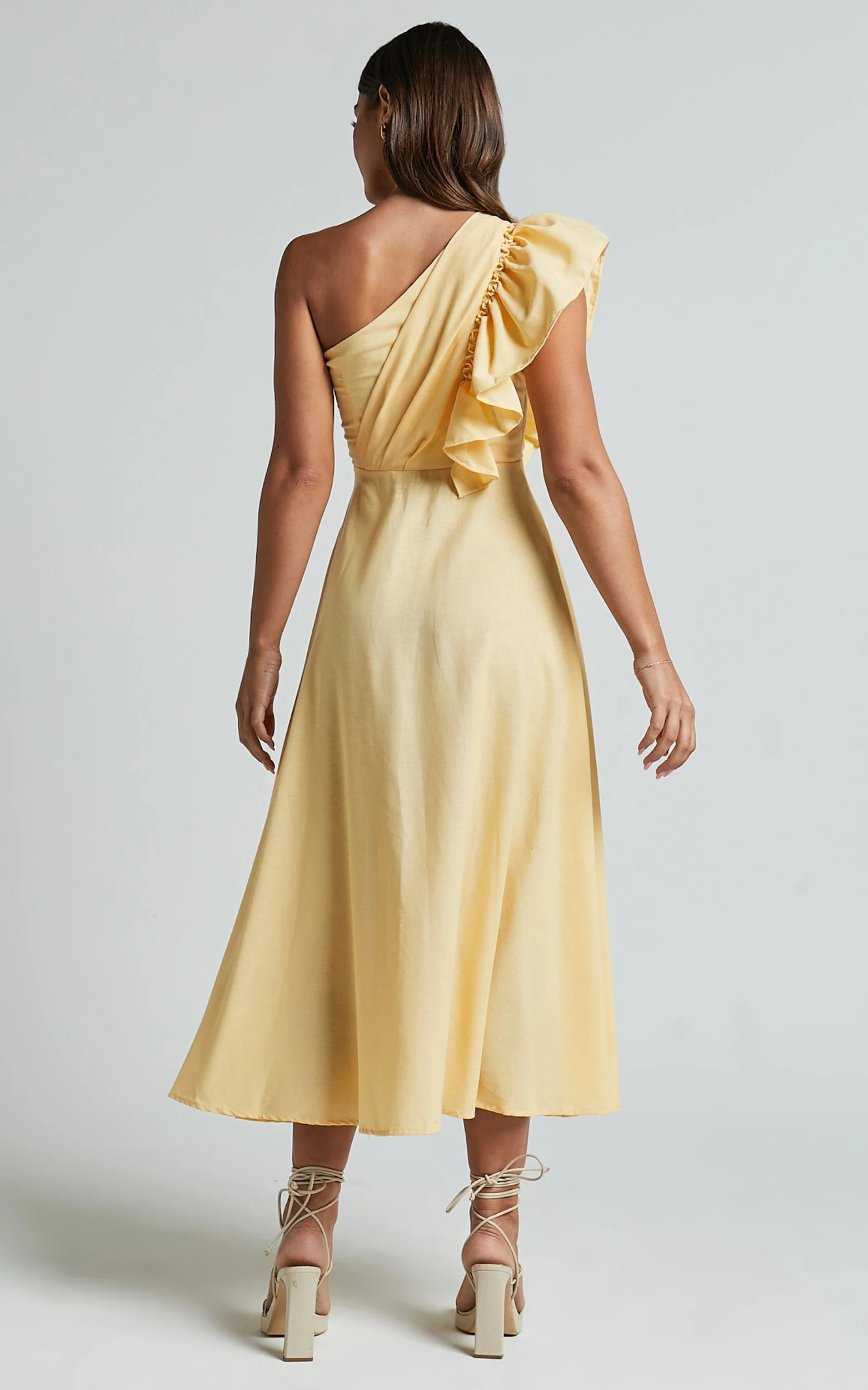 Dixie Midi Dress - Linen Look One Shoulder Ruffle Dress in Lemon - Image 10