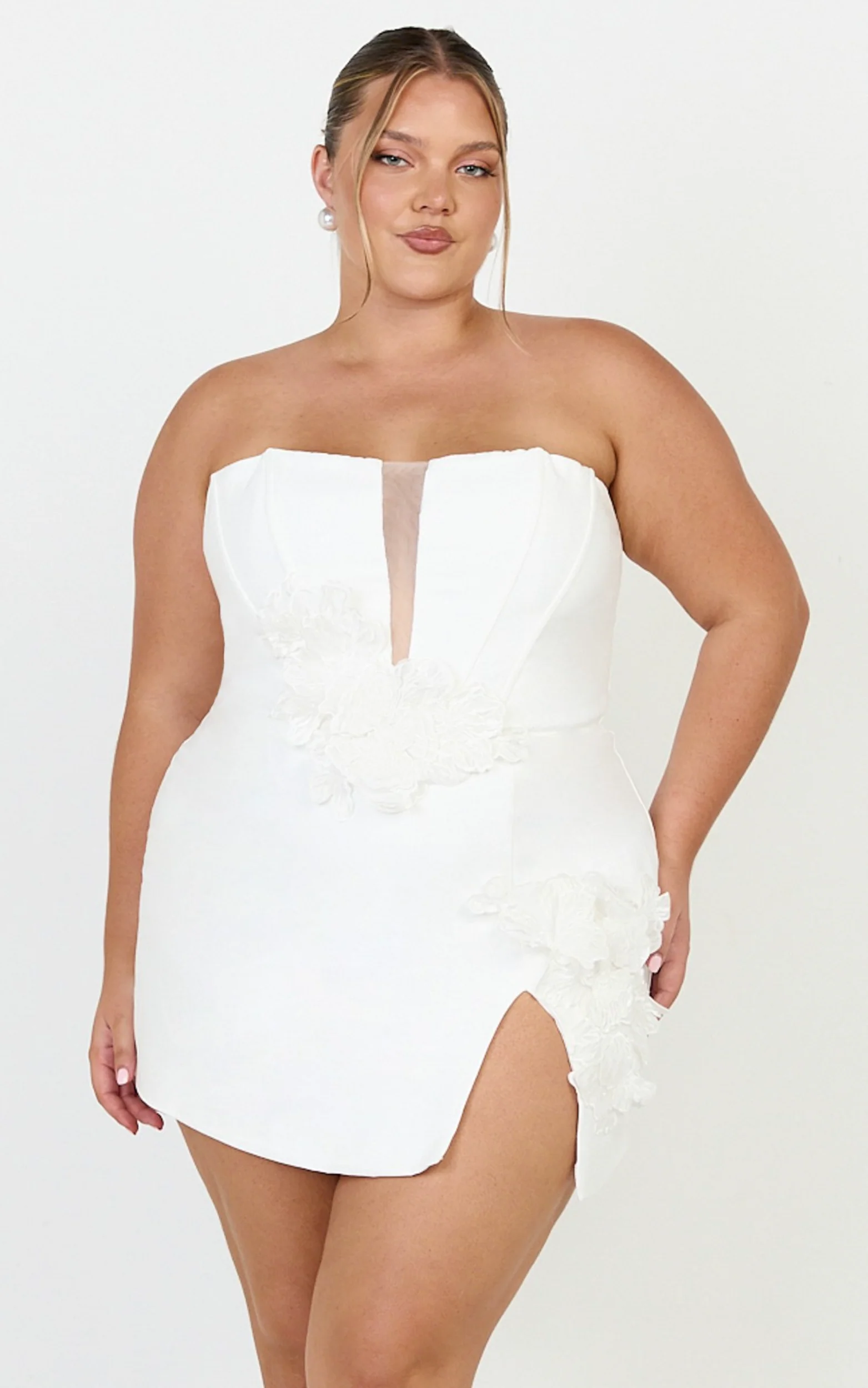 Dolores Mini Dress - Strapless Plunge Bodycon Leg Split Dress in White - Image 2