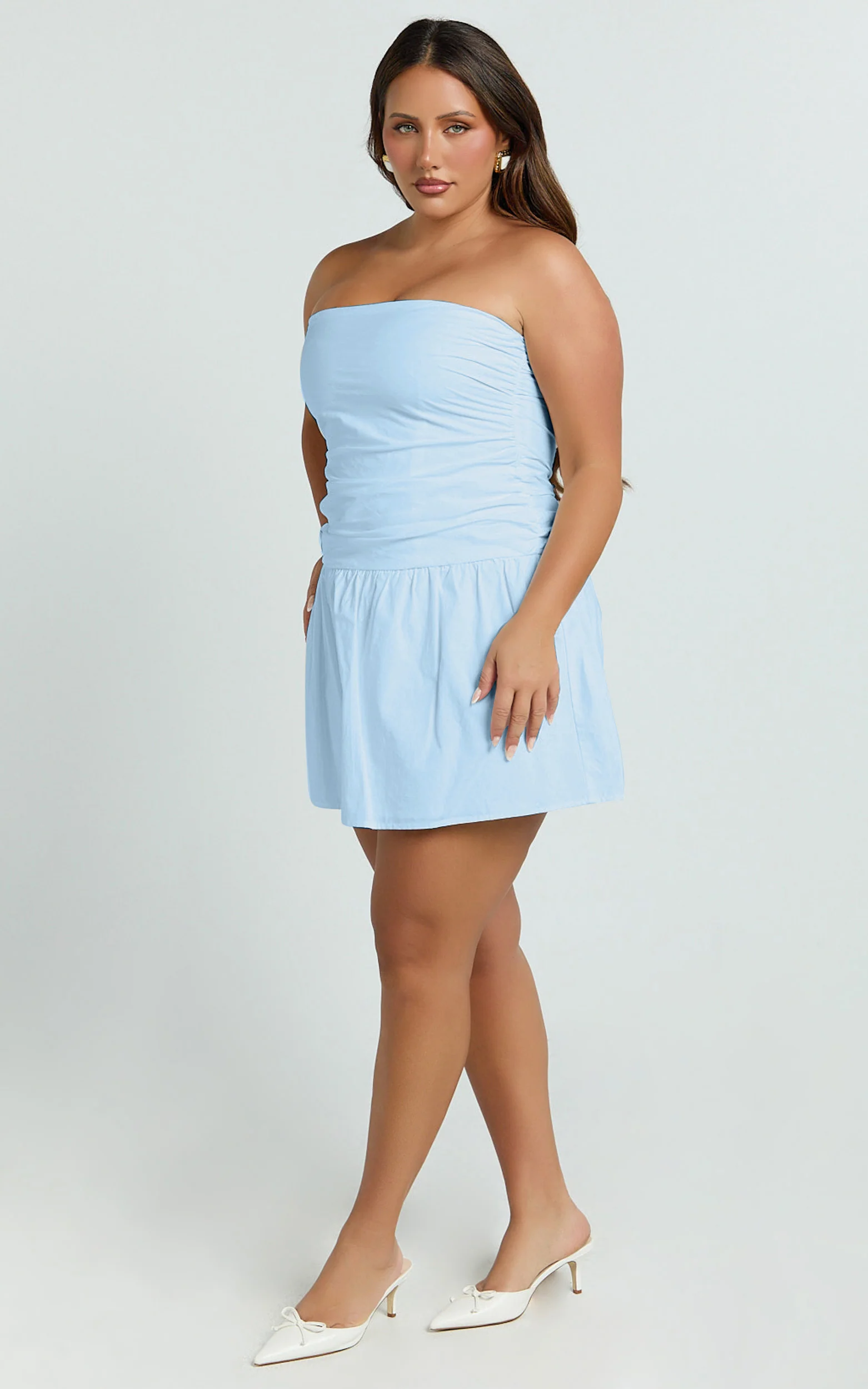 Donatella Mini Dress - Strapless Drop Waist Dress in Blue - Image 6