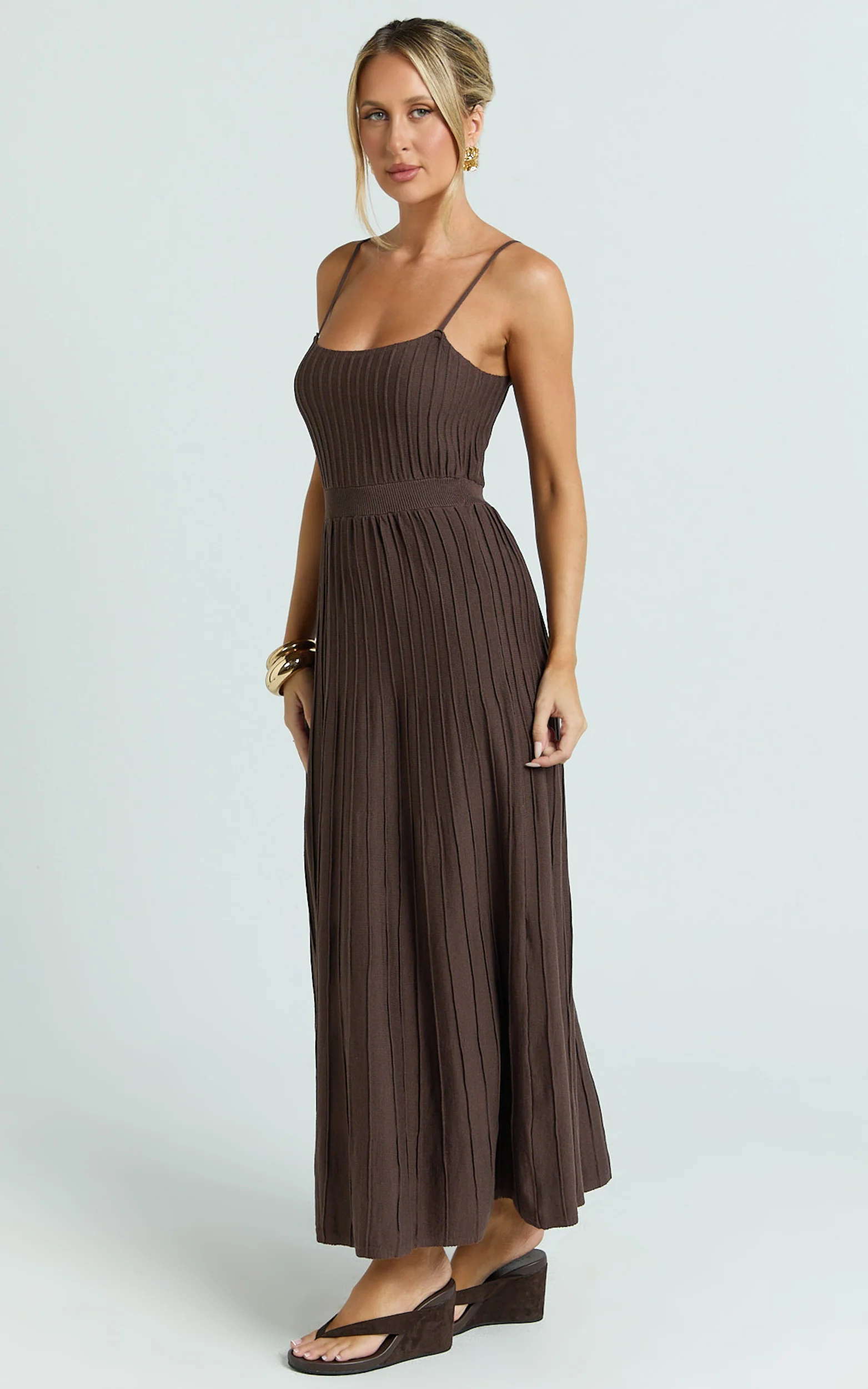 Donissa Midi Dress - Panelled Knit Dress in Chocolate - Image 2