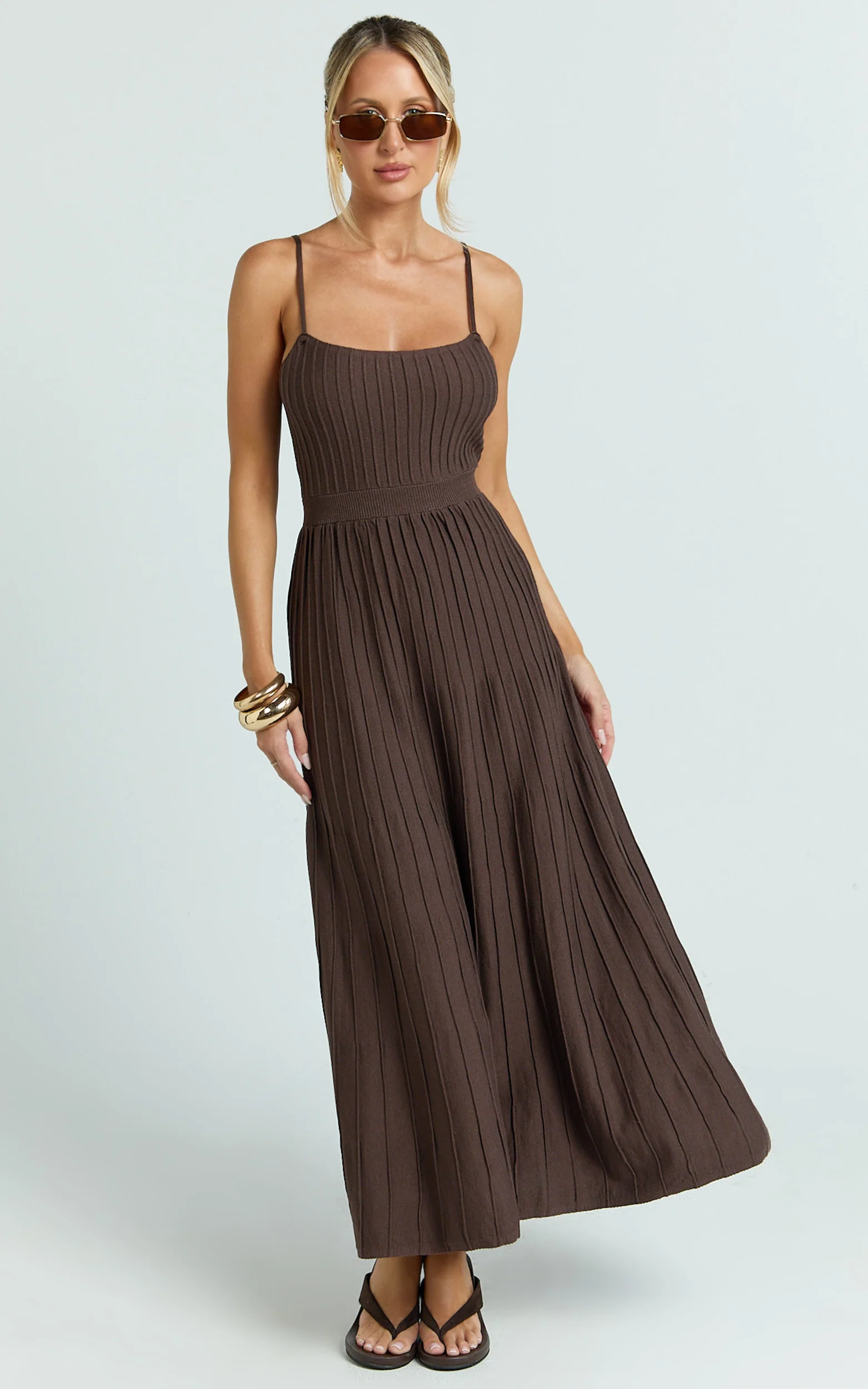 Donissa Midi Dress - Panelled Knit Dress in Chocolate - Image 3