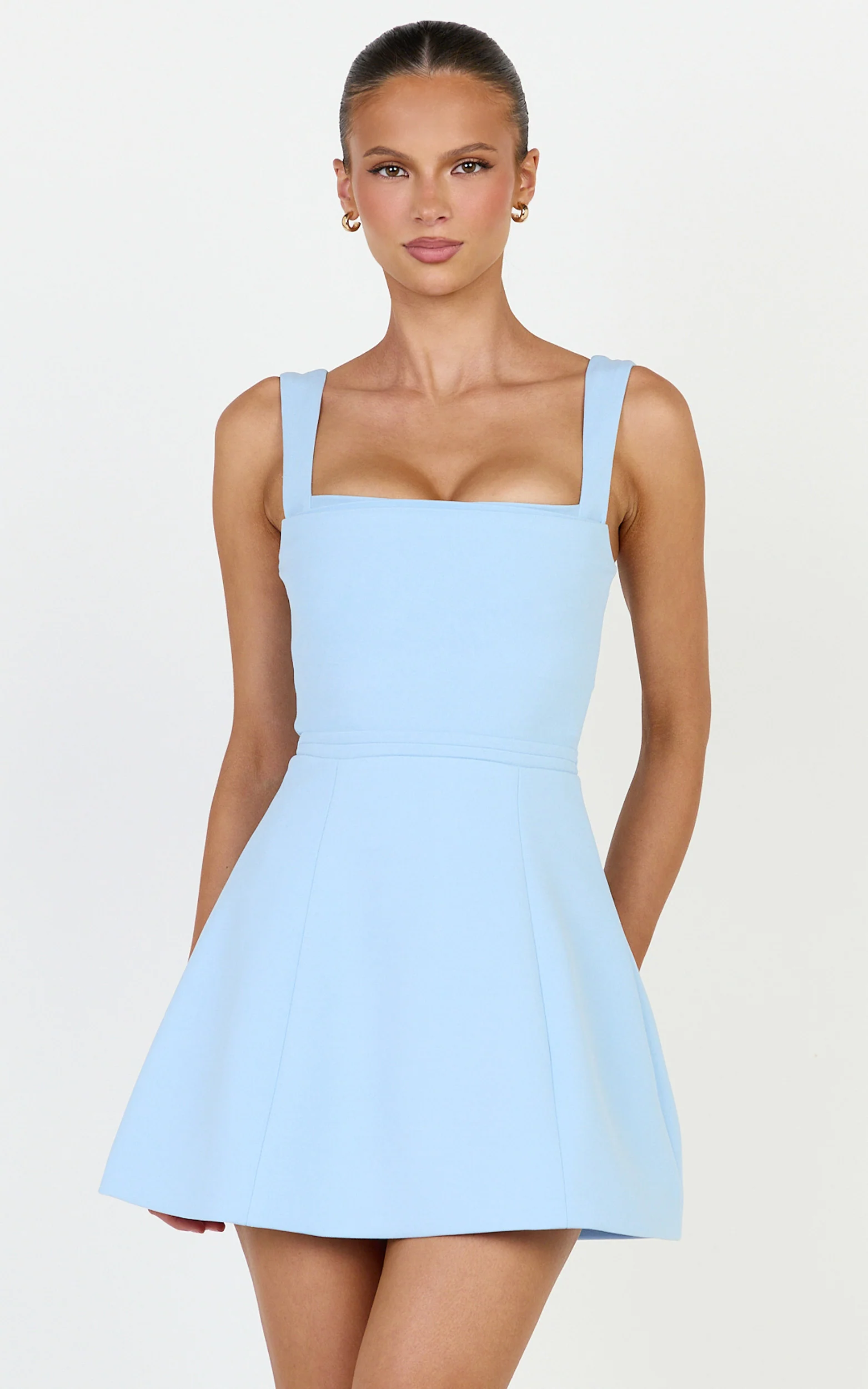 Donna Mini Dress - Square Neck Pin Tucked Waist Tulip Skirt Dress in Light Blue - Image 3