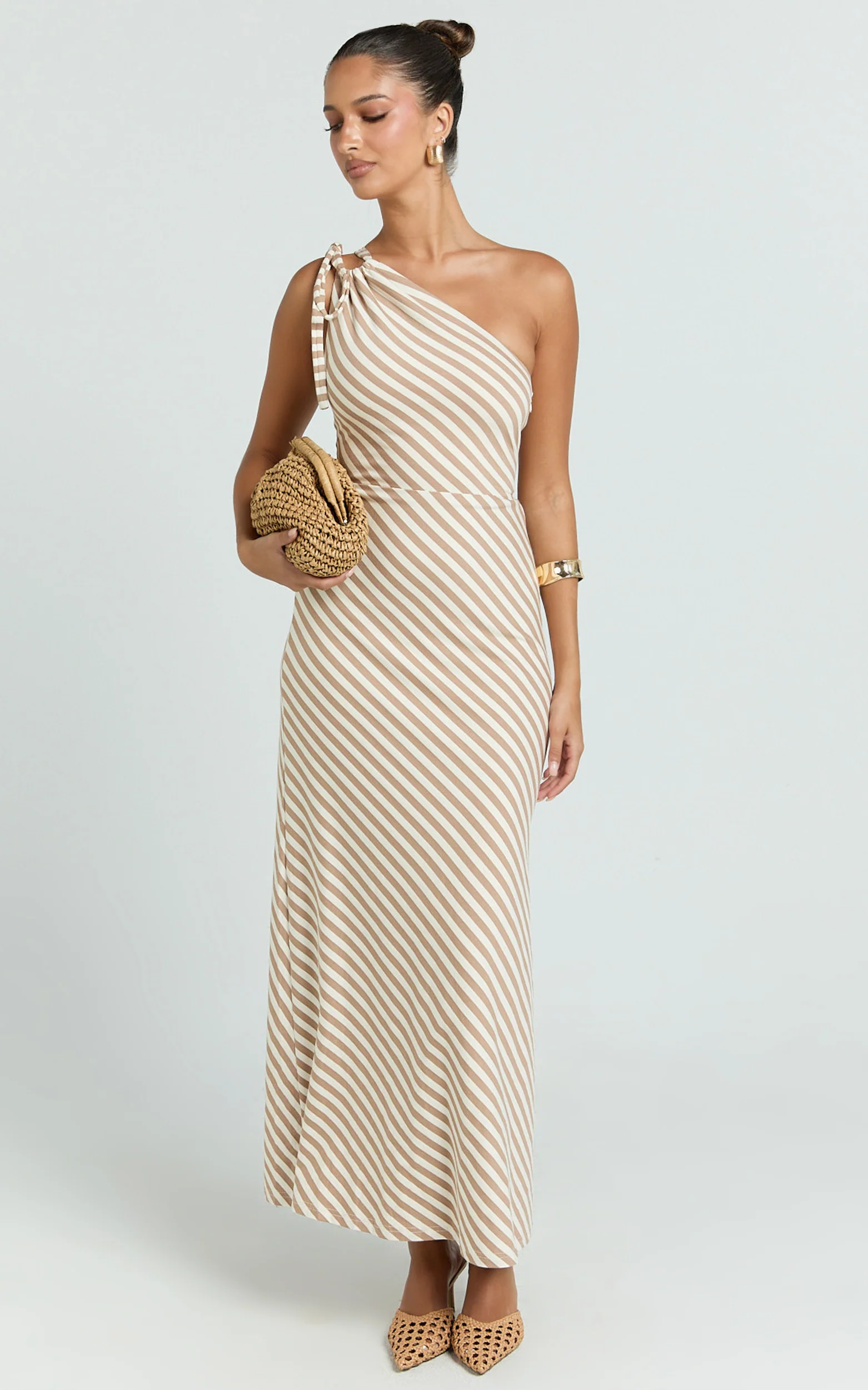 Dora Midi Dress - One Shoulder Dress in Beige - Image 4