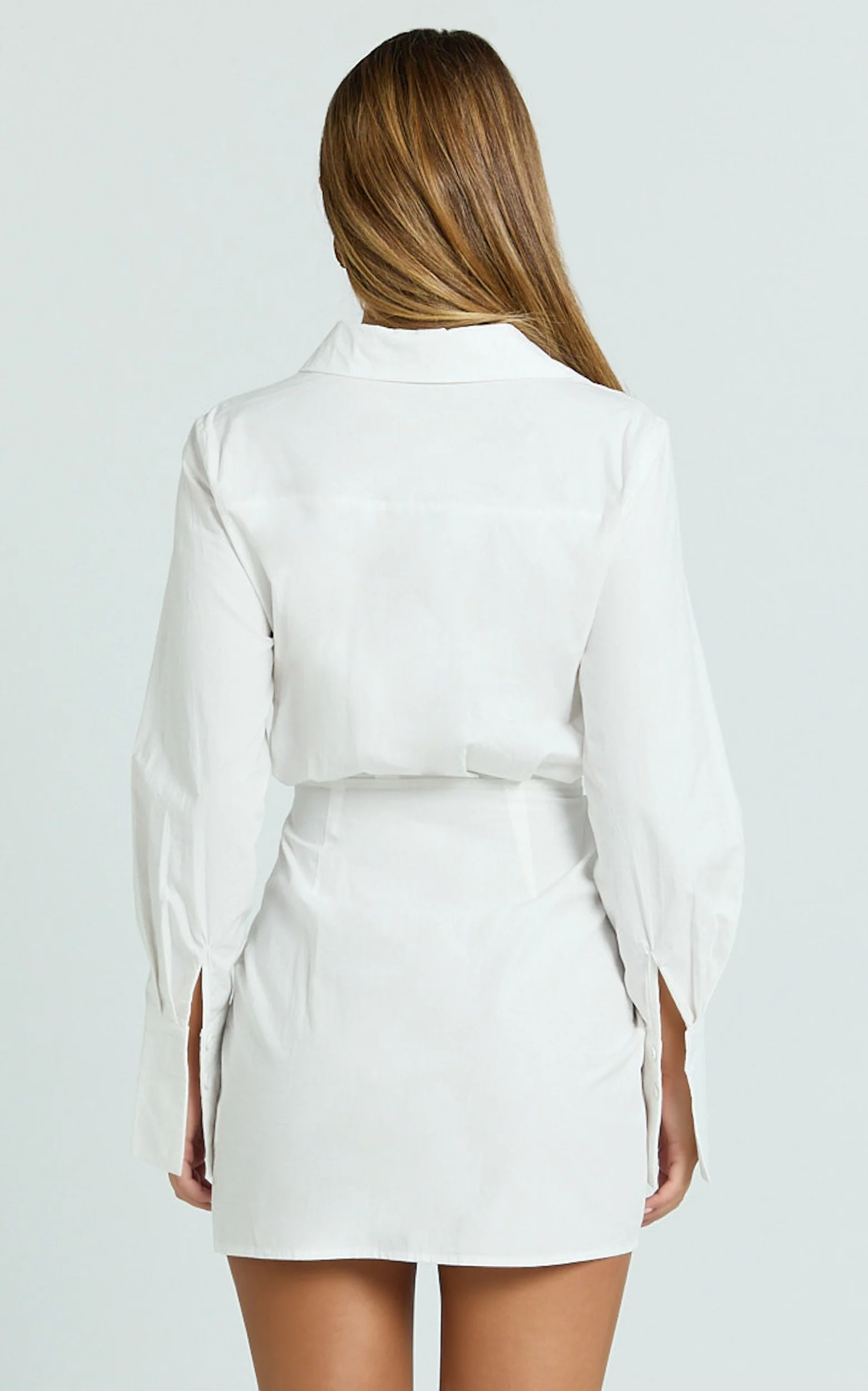 Duncan Mini Dress - Long Sleeve Tie Waist Shirt Dress in White - Image 5